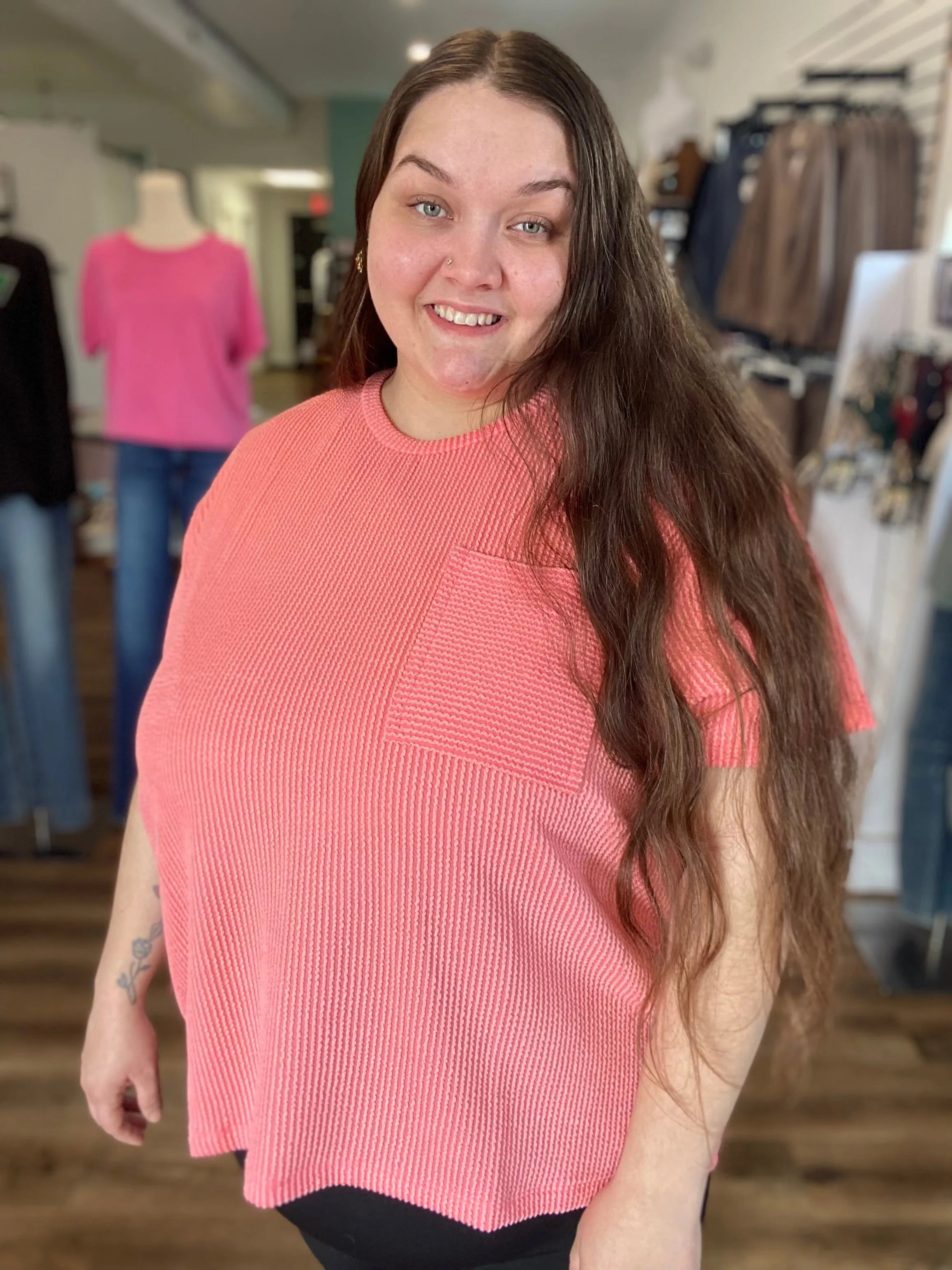 Shop Wavy Ribbed Short Sleeve Pocket Top - Coral- at Ruby Joy Boutique, a Women's Clothing Store in Pickerington, Ohio