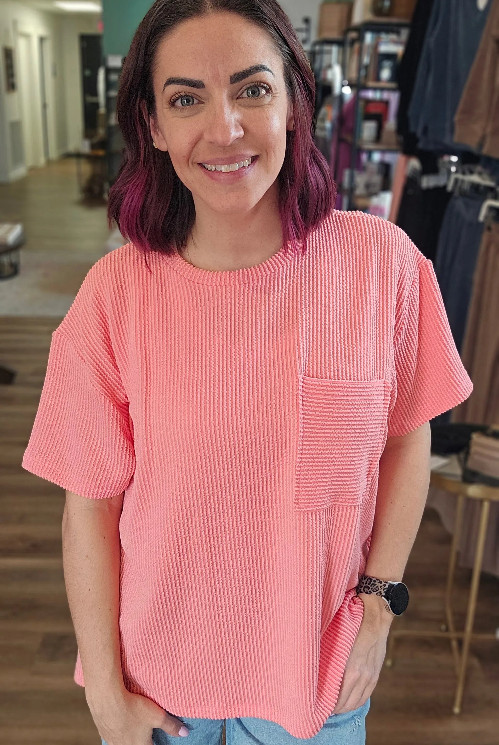 Shop Wavy Ribbed Short Sleeve Pocket Top - Coral-S/M at Ruby Joy Boutique, a Women's Clothing Store in Pickerington, Ohio