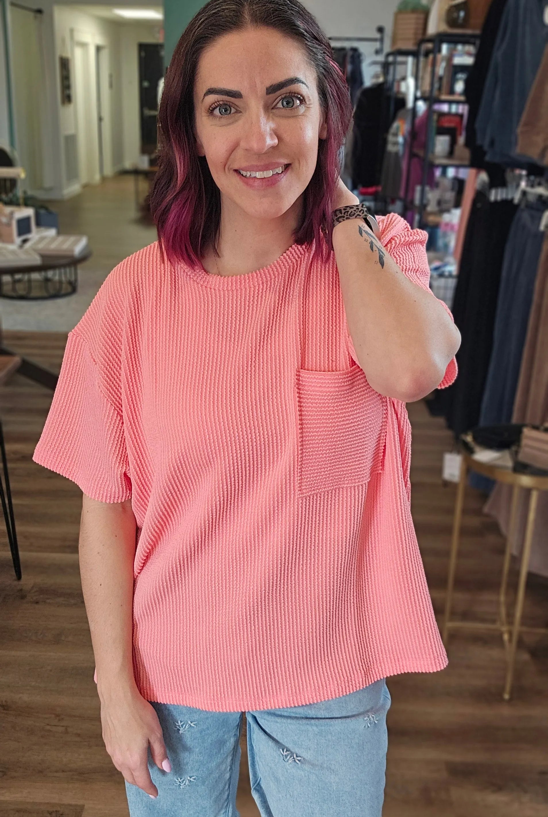 Shop Wavy Ribbed Short Sleeve Pocket Top - Coral- at Ruby Joy Boutique, a Women's Clothing Store in Pickerington, Ohio
