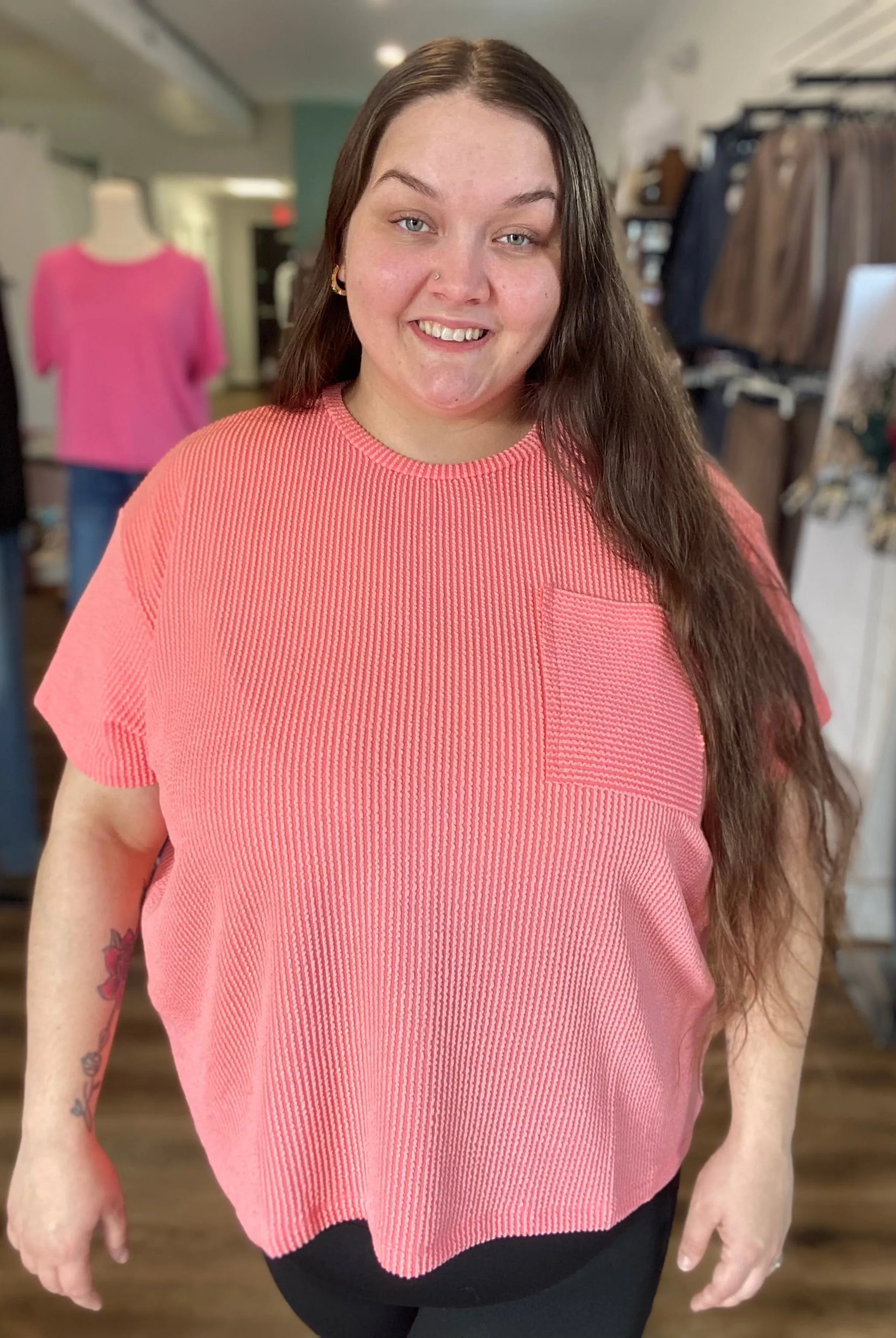 Shop Wavy Ribbed Short Sleeve Pocket Top - Coral-1XL/2XL at Ruby Joy Boutique, a Women's Clothing Store in Pickerington, Ohio