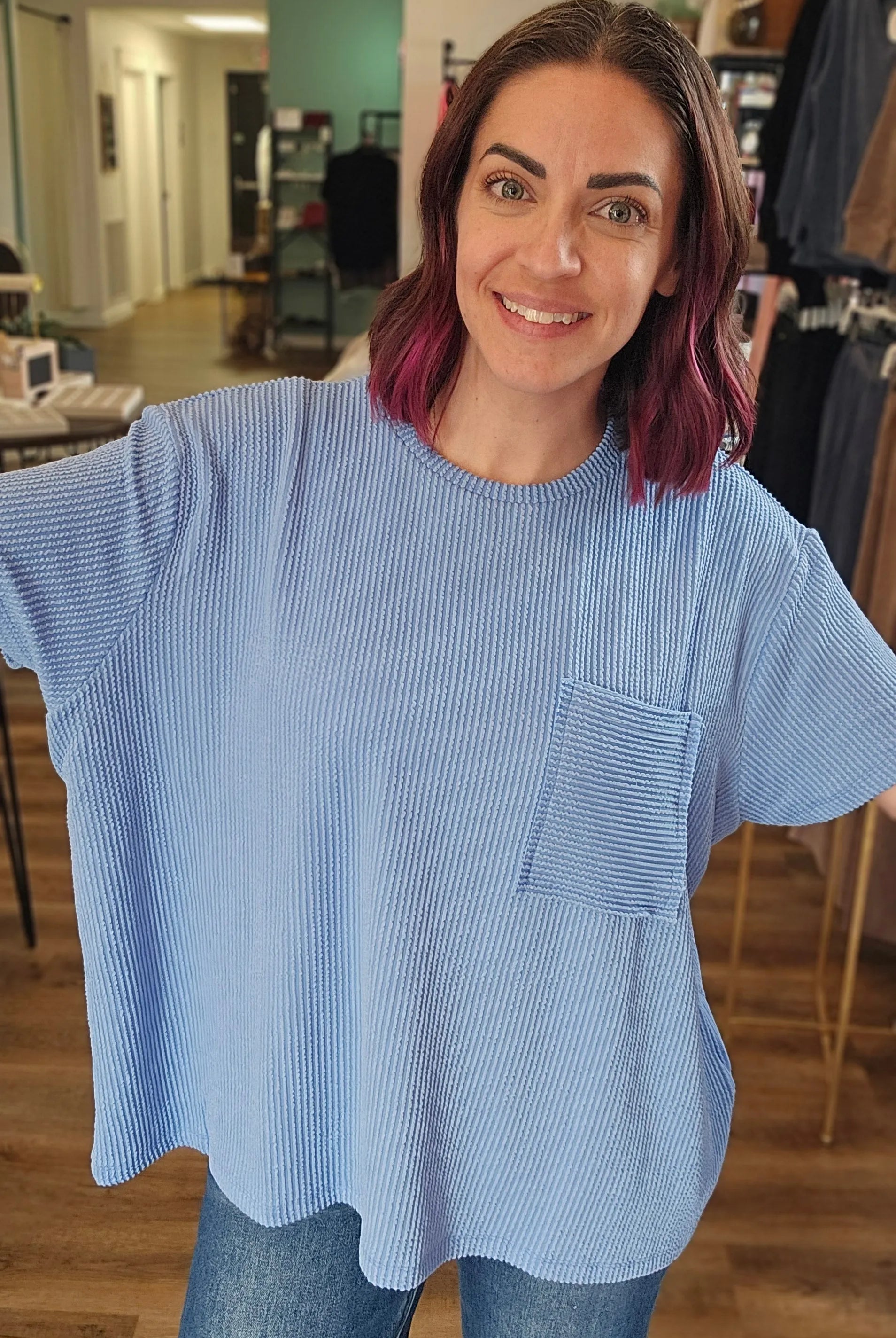 Shop Wavy Ribbed Short Sleeve Pocket Top - Cornflower Blue- at Ruby Joy Boutique, a Women's Clothing Store in Pickerington, Ohio