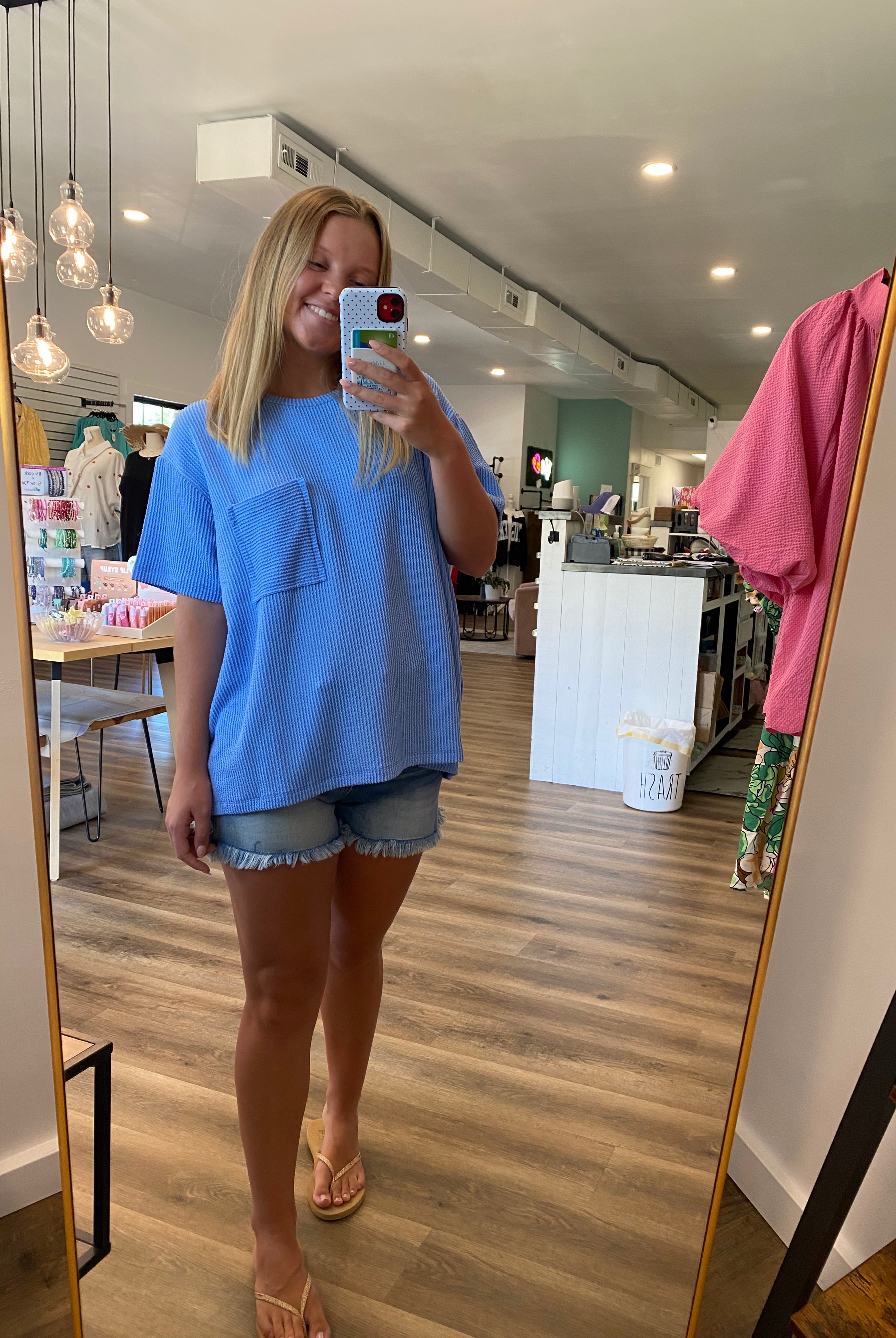Shop Wavy Ribbed Short Sleeve Pocket Top - Cornflower Blue- at Ruby Joy Boutique, a Women's Clothing Store in Pickerington, Ohio