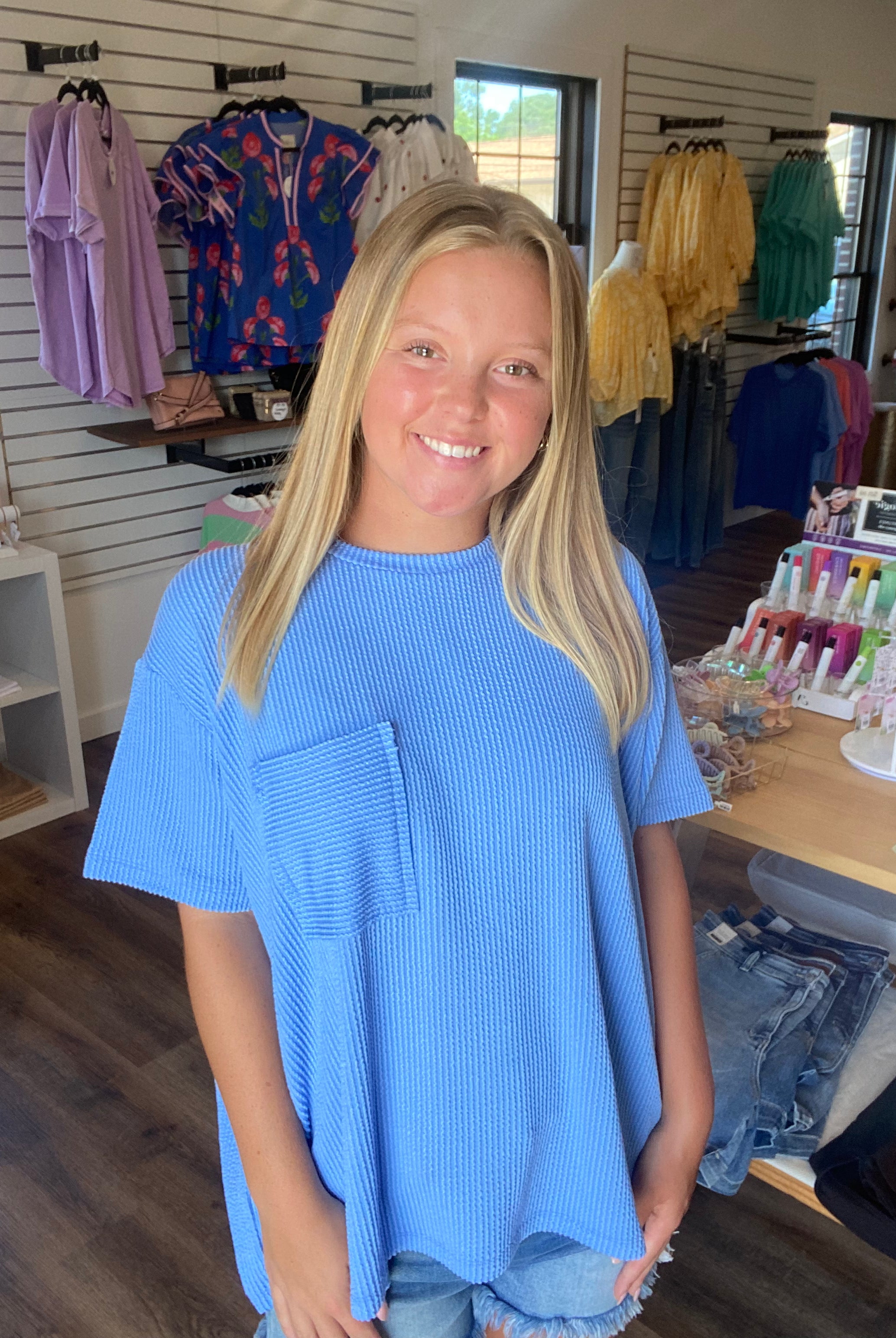 Shop Wavy Ribbed Short Sleeve Pocket Top - Cornflower Blue- at Ruby Joy Boutique, a Women's Clothing Store in Pickerington, Ohio