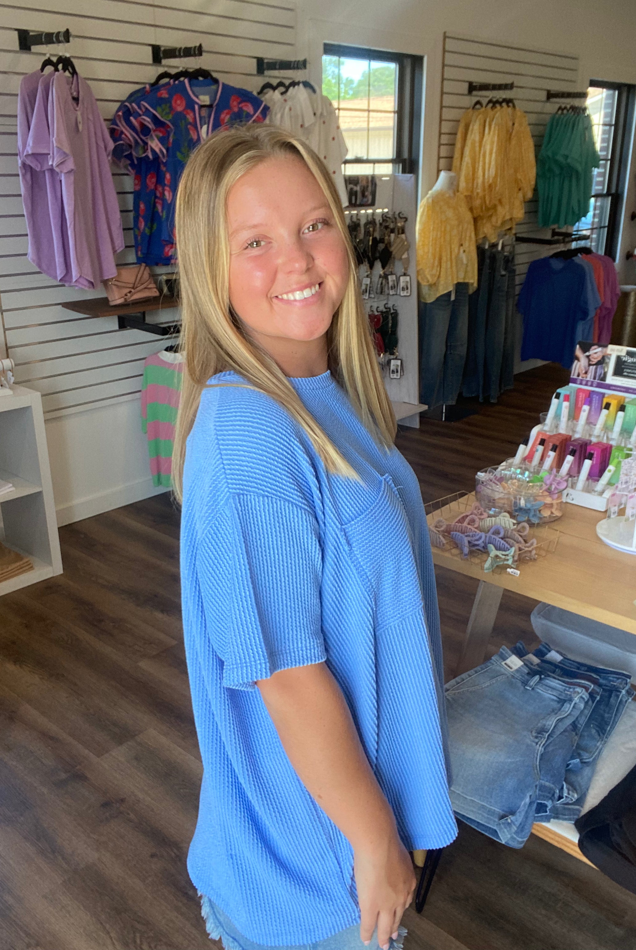 Shop Wavy Ribbed Short Sleeve Pocket Top - Cornflower Blue- at Ruby Joy Boutique, a Women's Clothing Store in Pickerington, Ohio