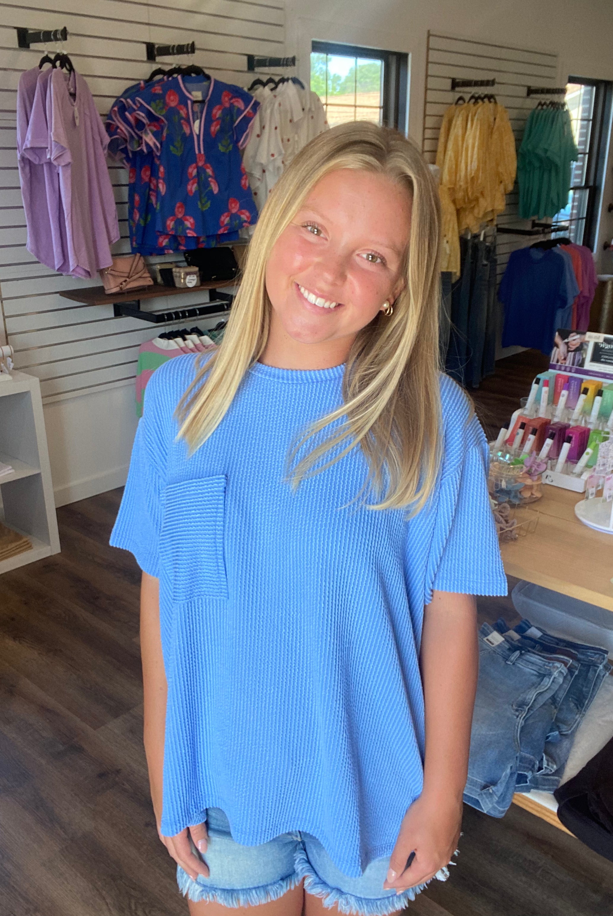 Shop Wavy Ribbed Short Sleeve Pocket Top - Cornflower Blue- at Ruby Joy Boutique, a Women's Clothing Store in Pickerington, Ohio