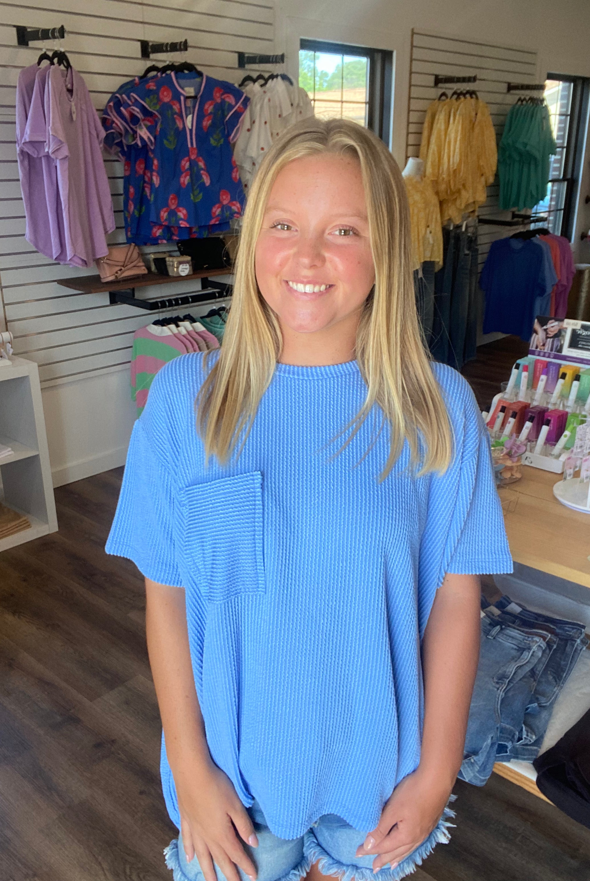 Shop Wavy Ribbed Short Sleeve Pocket Top - Cornflower Blue- at Ruby Joy Boutique, a Women's Clothing Store in Pickerington, Ohio