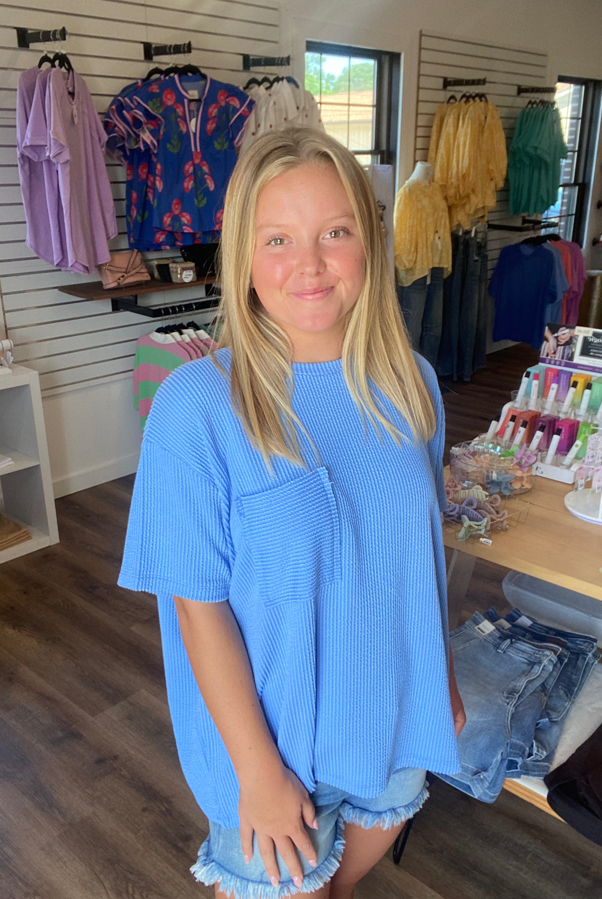 Shop Wavy Ribbed Short Sleeve Pocket Top - Cornflower Blue- at Ruby Joy Boutique, a Women's Clothing Store in Pickerington, Ohio