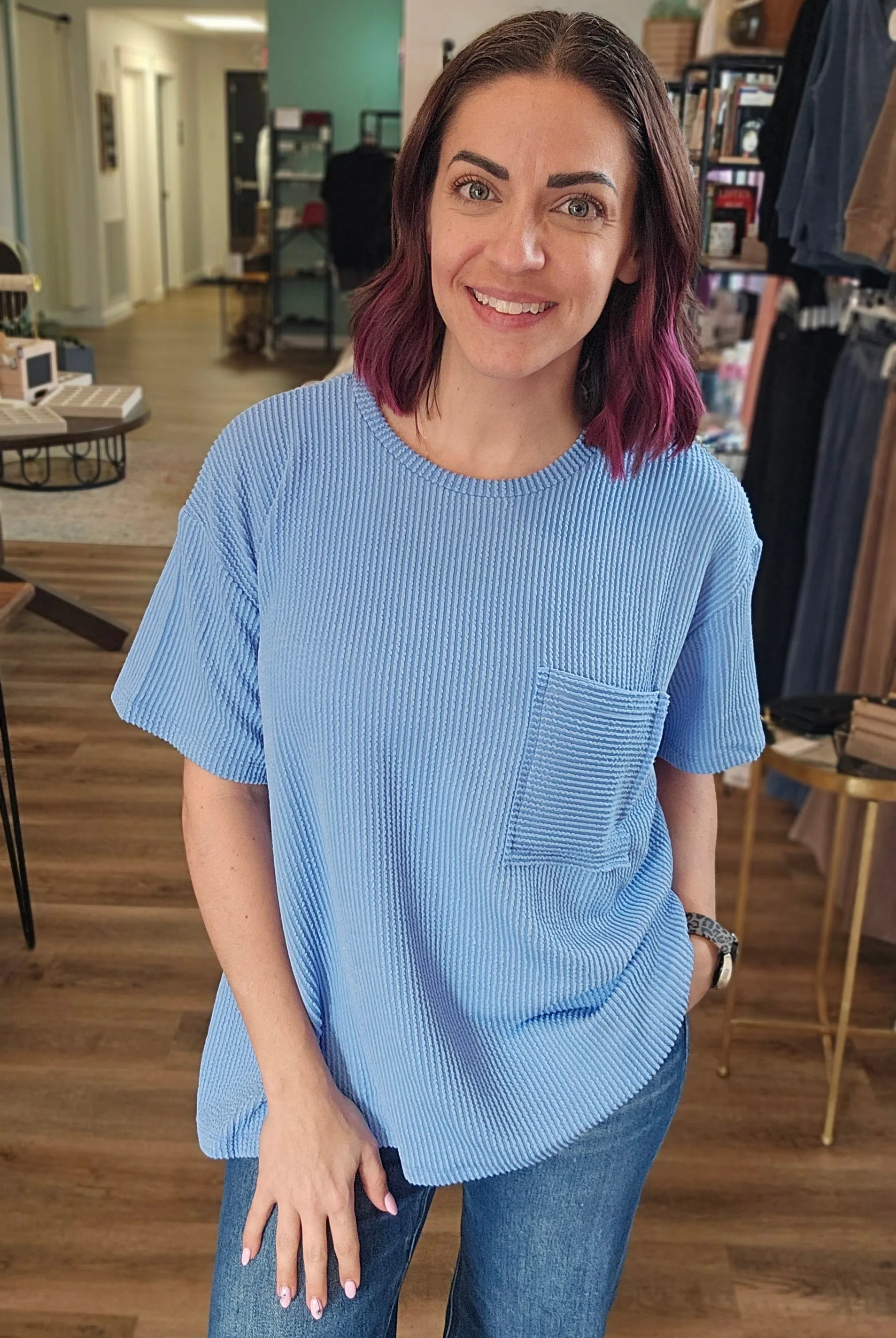 Shop Wavy Ribbed Short Sleeve Pocket Top - Cornflower Blue- at Ruby Joy Boutique, a Women's Clothing Store in Pickerington, Ohio