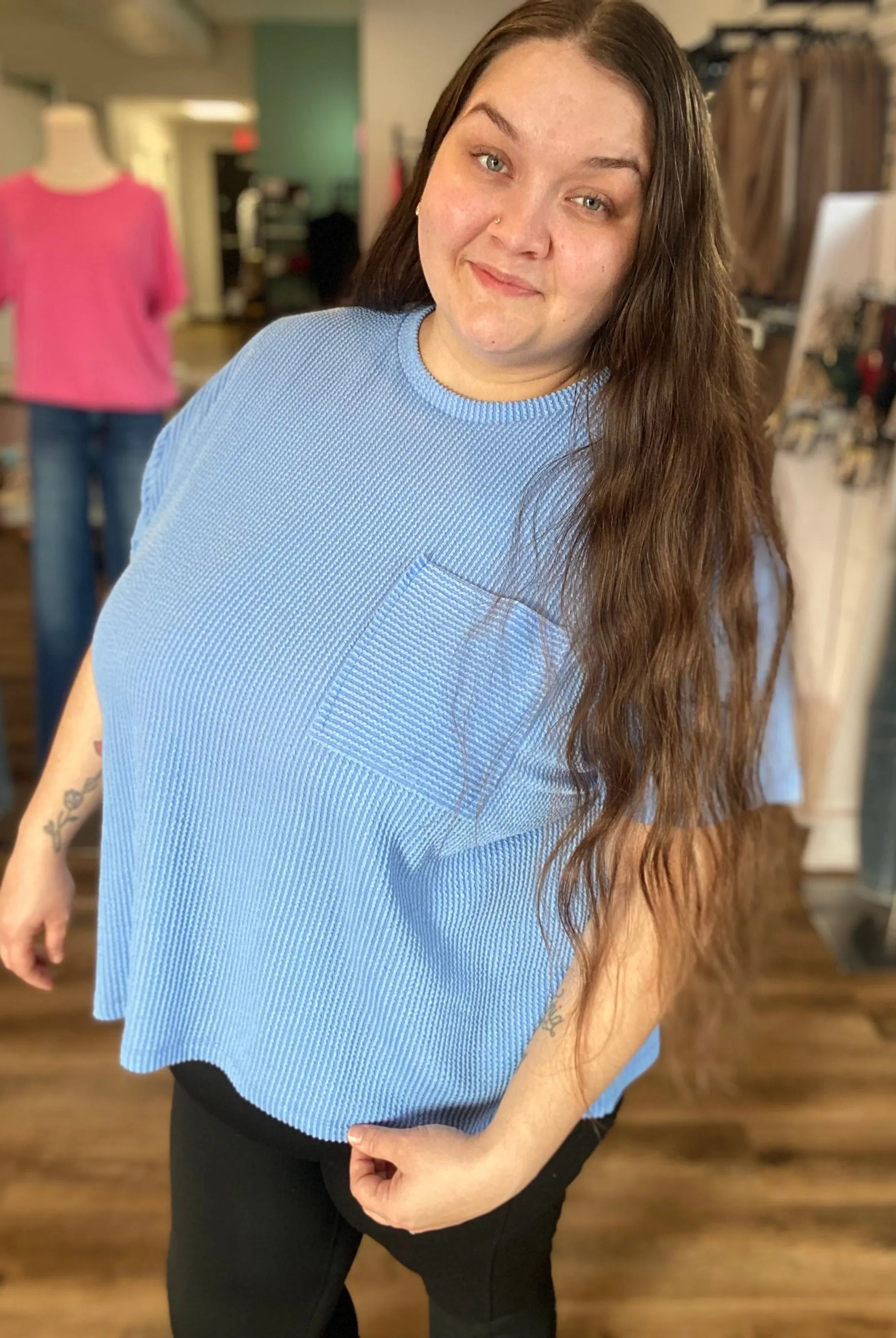 Shop Wavy Ribbed Short Sleeve Pocket Top - Cornflower Blue- at Ruby Joy Boutique, a Women's Clothing Store in Pickerington, Ohio