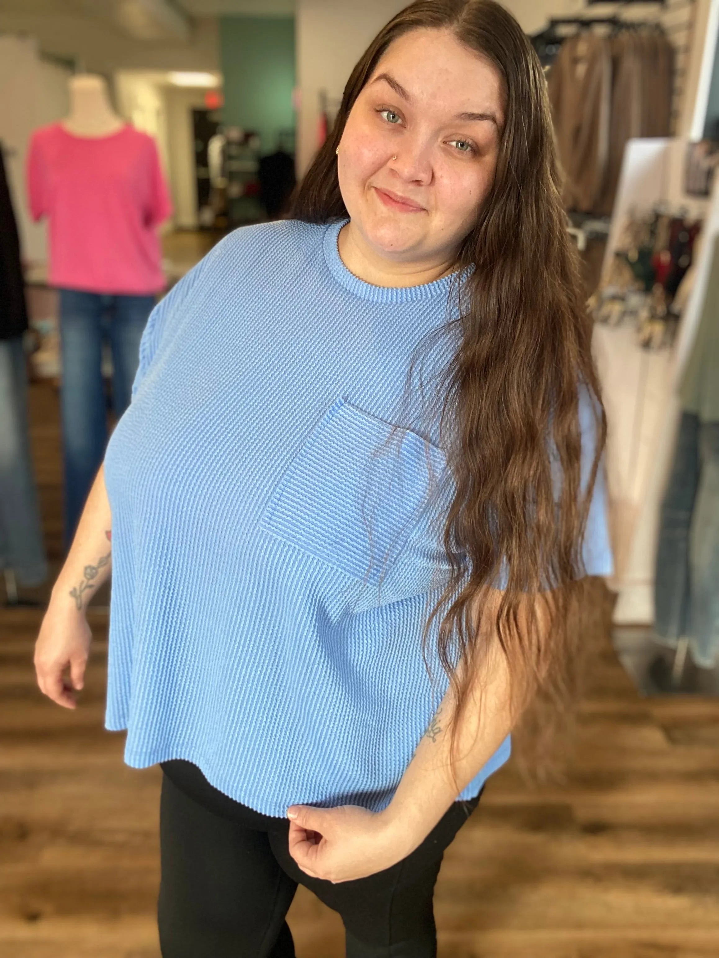 Shop Wavy Ribbed Short Sleeve Pocket Top - Cornflower Blue- at Ruby Joy Boutique, a Women's Clothing Store in Pickerington, Ohio
