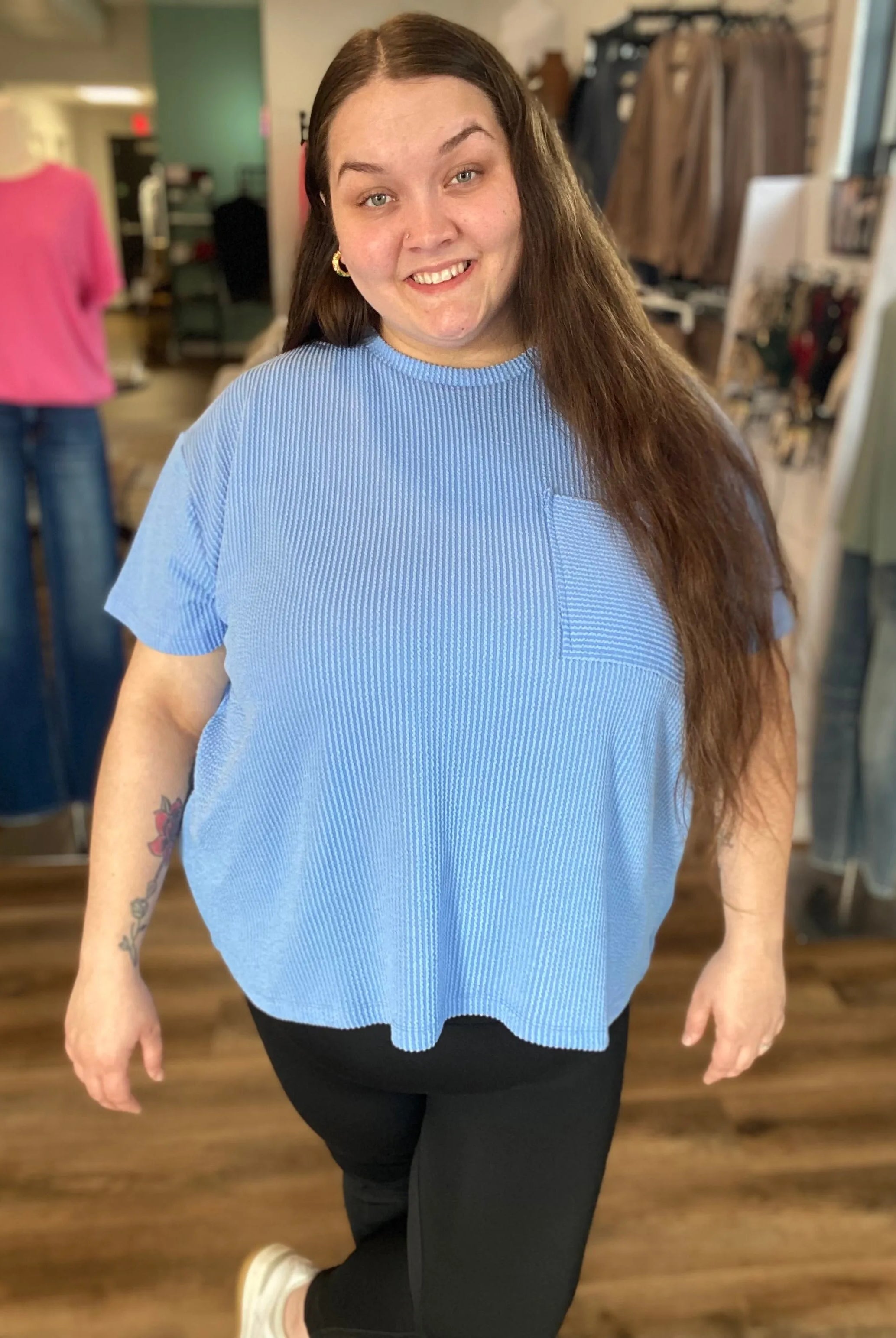 Shop Wavy Ribbed Short Sleeve Pocket Top - Cornflower Blue- at Ruby Joy Boutique, a Women's Clothing Store in Pickerington, Ohio