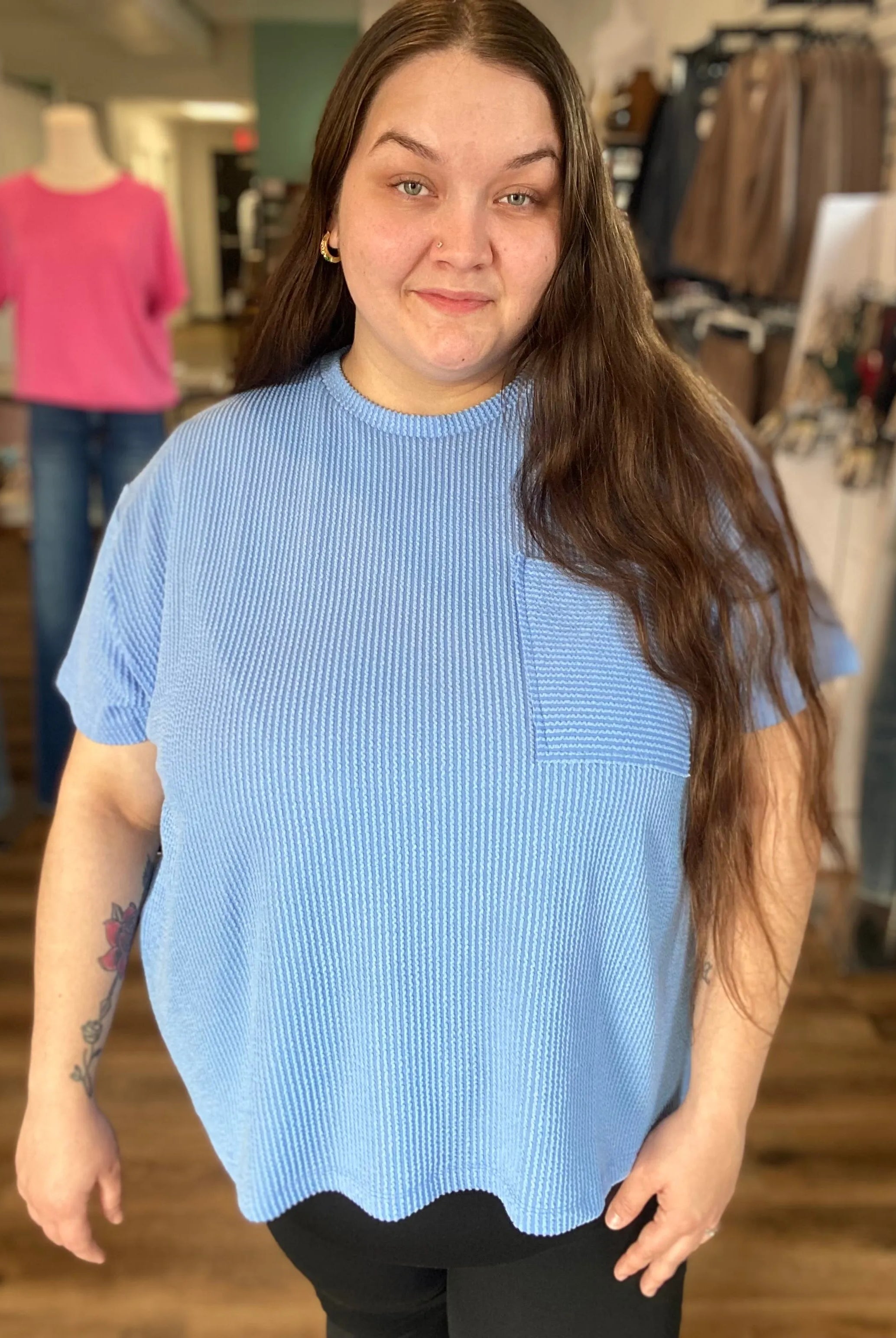 Shop Wavy Ribbed Short Sleeve Pocket Top - Cornflower Blue- at Ruby Joy Boutique, a Women's Clothing Store in Pickerington, Ohio