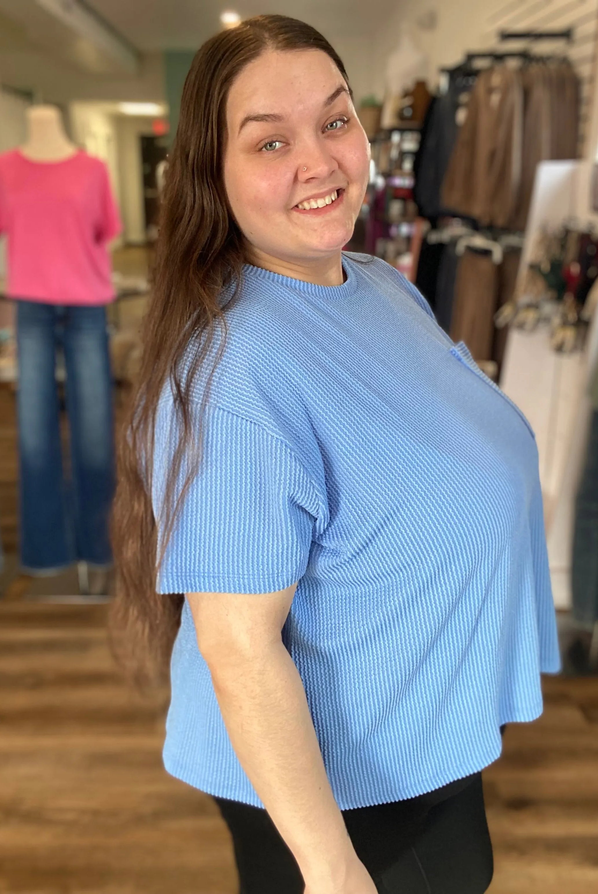 Shop Wavy Ribbed Short Sleeve Pocket Top - Cornflower Blue- at Ruby Joy Boutique, a Women's Clothing Store in Pickerington, Ohio