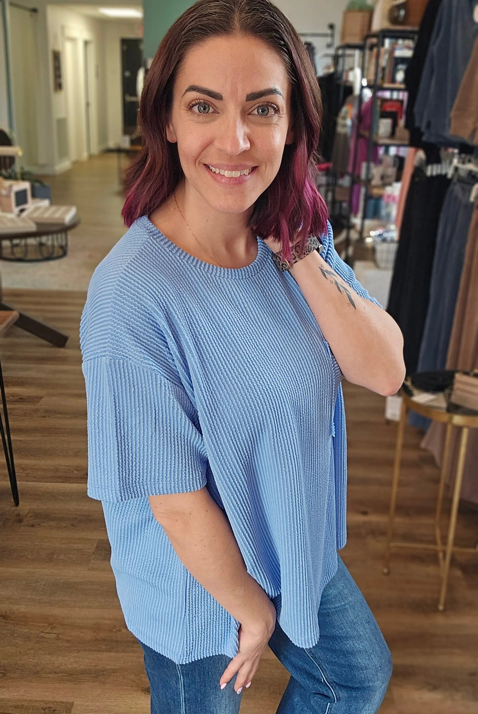 Shop Wavy Ribbed Short Sleeve Pocket Top - Cornflower Blue-S/M at Ruby Joy Boutique, a Women's Clothing Store in Pickerington, Ohio