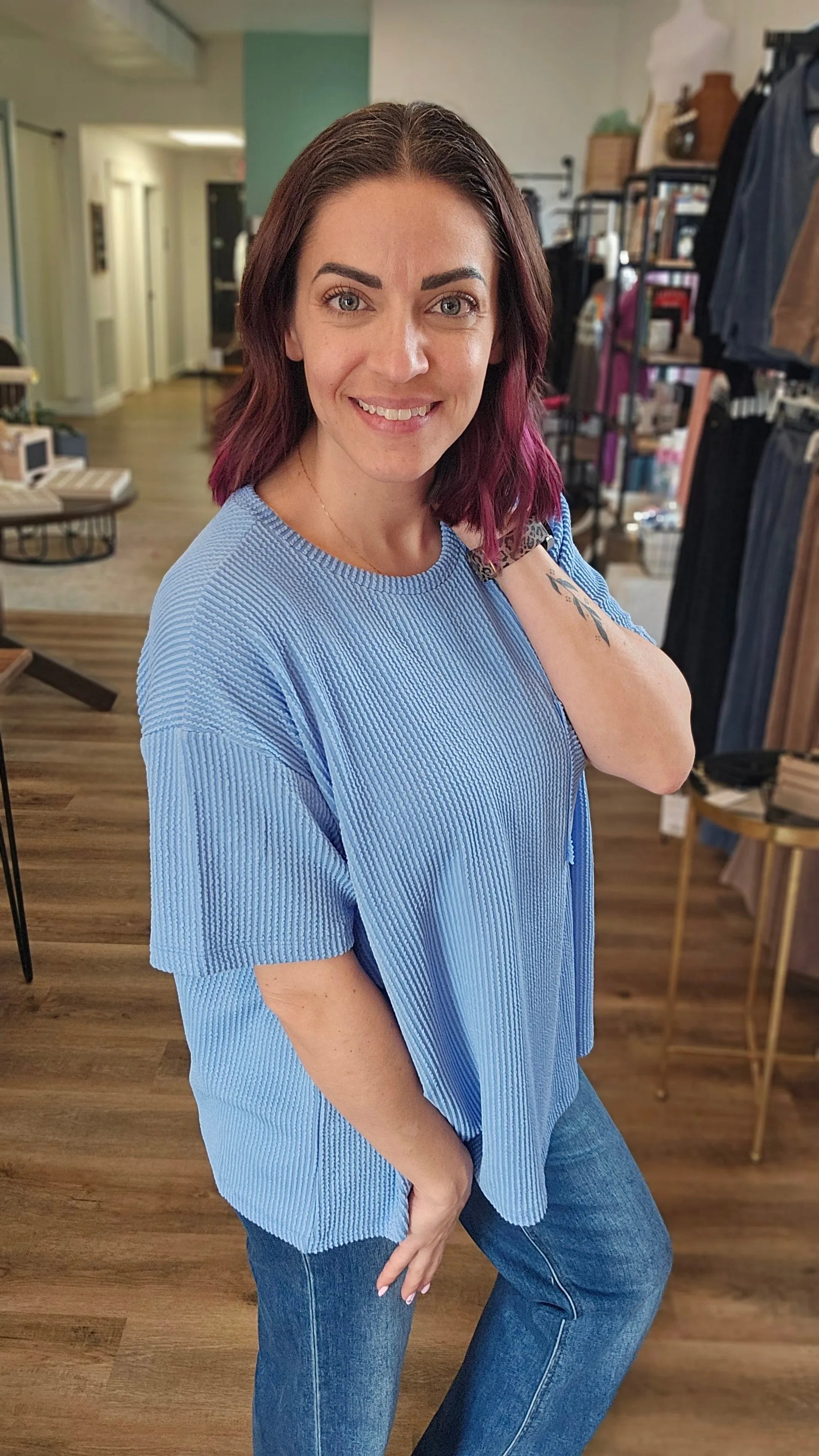 Shop Wavy Ribbed Short Sleeve Pocket Top - Cornflower Blue-S/M at Ruby Joy Boutique, a Women's Clothing Store in Pickerington, Ohio