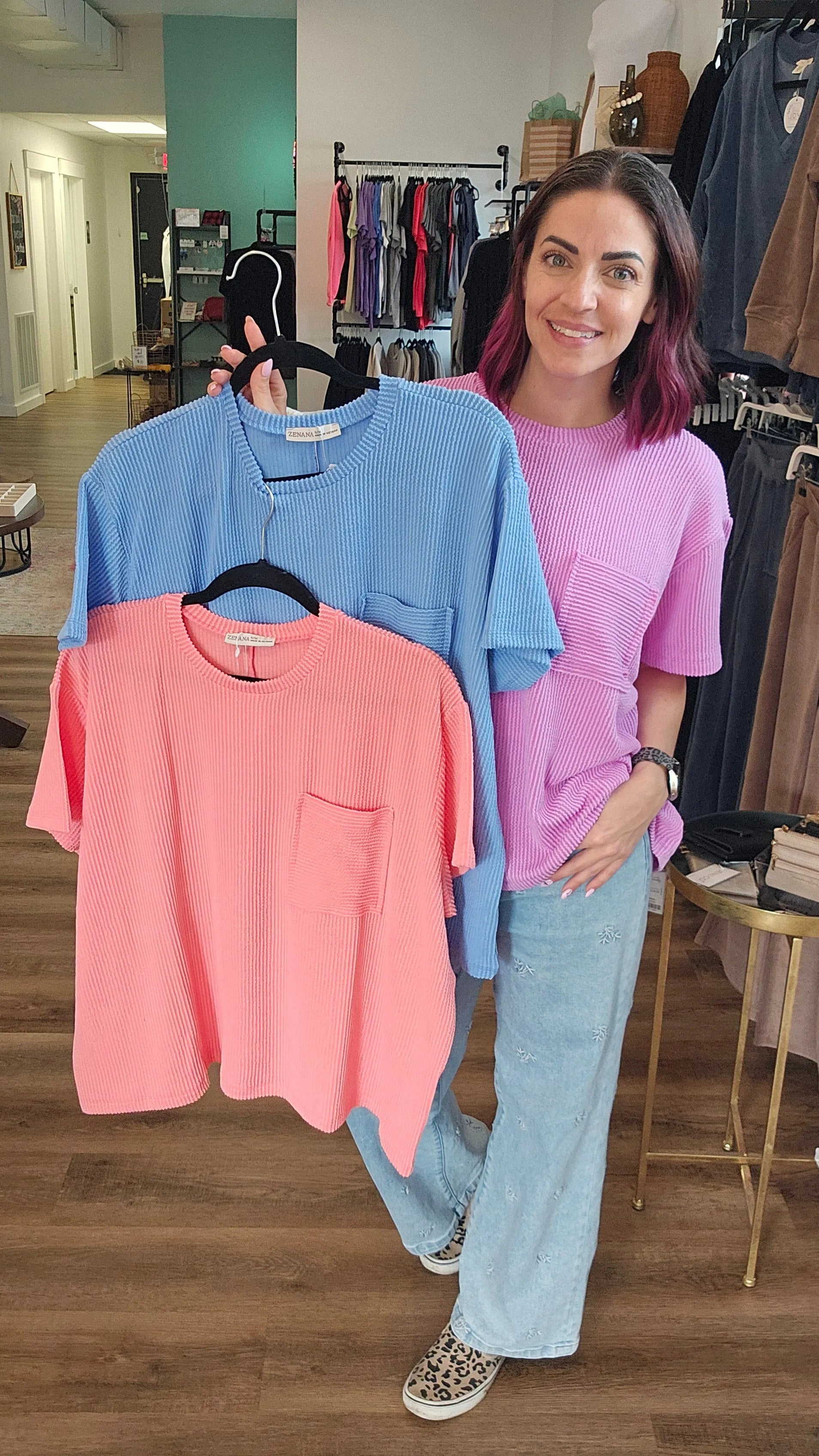 Shop Wavy Ribbed Short Sleeve Pocket Top - Cornflower Blue- at Ruby Joy Boutique, a Women's Clothing Store in Pickerington, Ohio