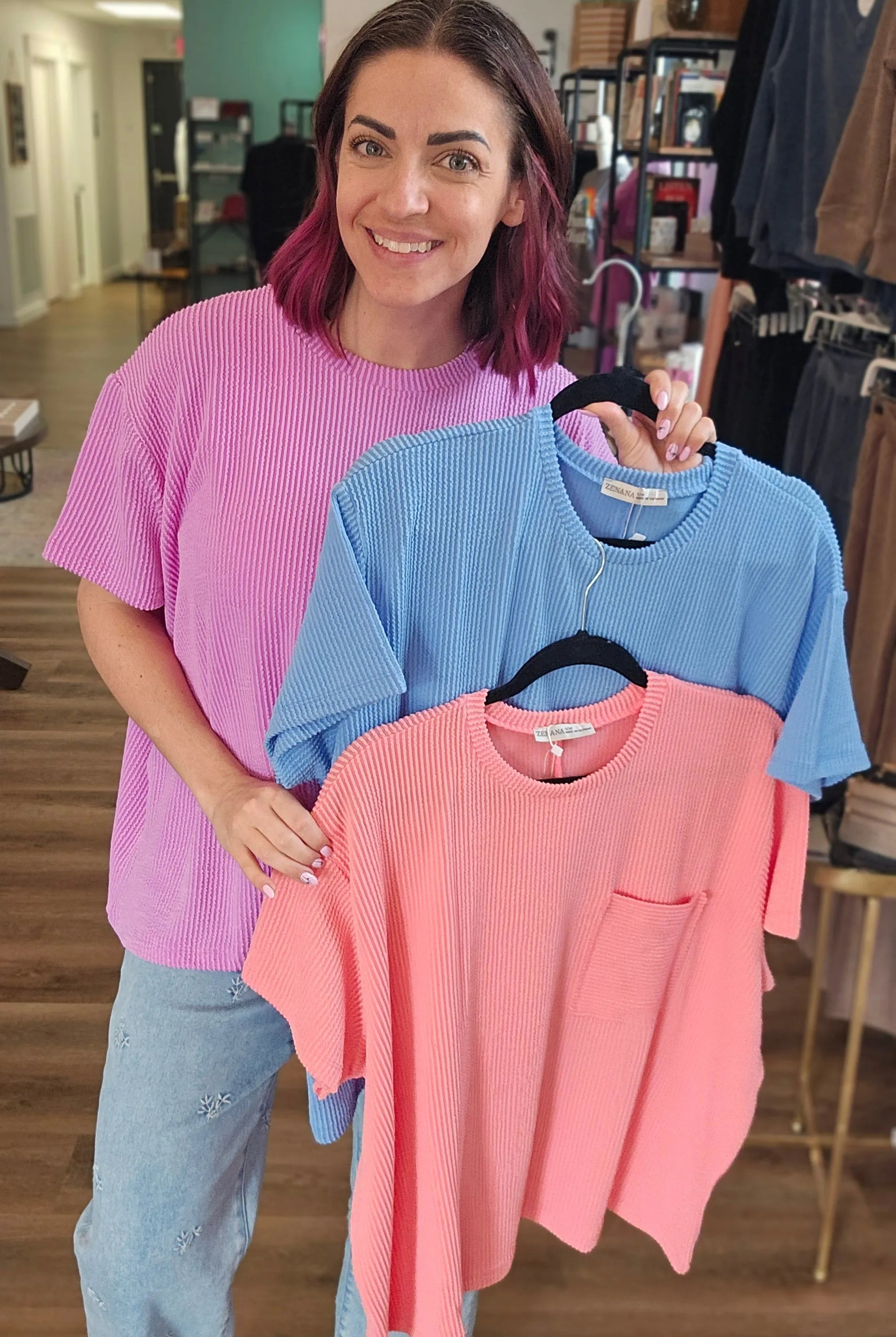 Shop Wavy Ribbed Short Sleeve Pocket Top - Cornflower Blue- at Ruby Joy Boutique, a Women's Clothing Store in Pickerington, Ohio