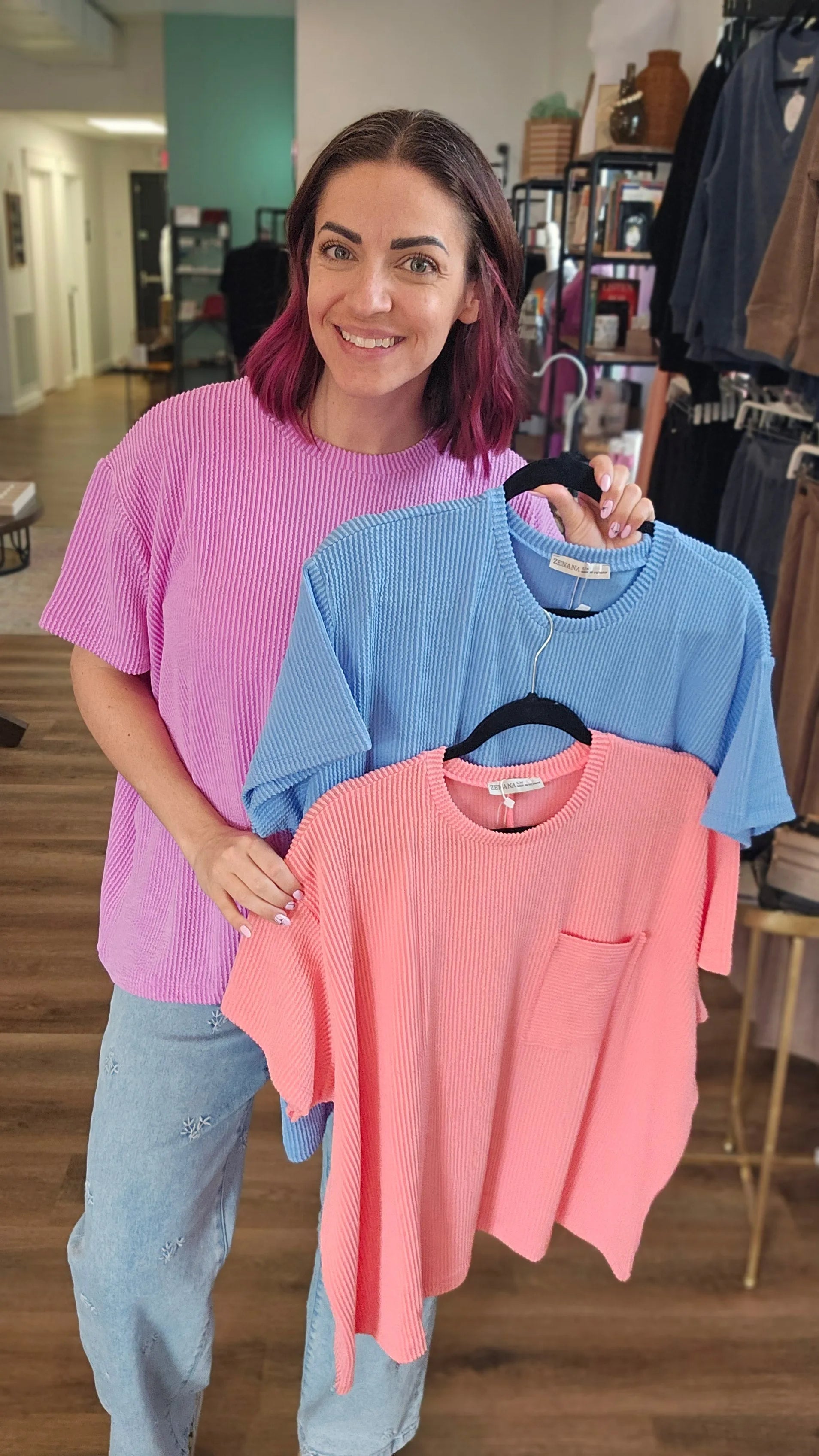 Shop Wavy Ribbed Short Sleeve Pocket Top - Cornflower Blue- at Ruby Joy Boutique, a Women's Clothing Store in Pickerington, Ohio