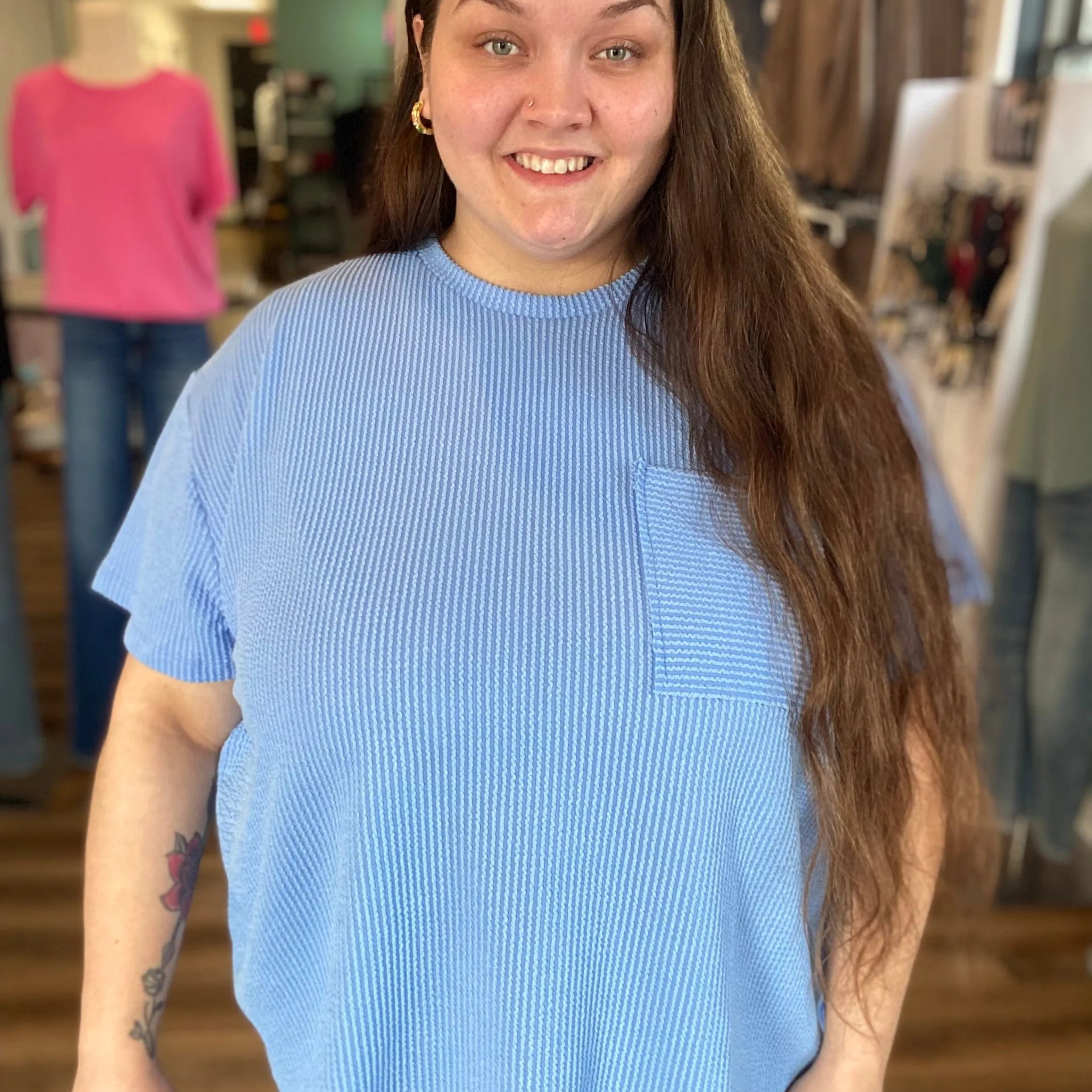 Shop Wavy Ribbed Short Sleeve Pocket Top - Cornflower Blue-1XL/2XL at Ruby Joy Boutique, a Women's Clothing Store in Pickerington, Ohio