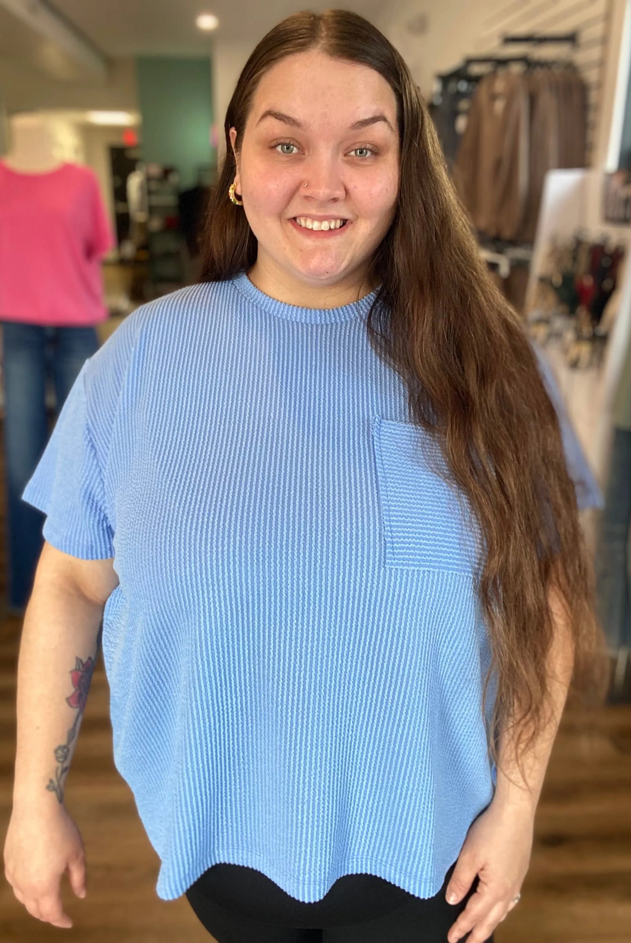 Shop Wavy Ribbed Short Sleeve Pocket Top - Cornflower Blue-1XL/2XL at Ruby Joy Boutique, a Women's Clothing Store in Pickerington, Ohio