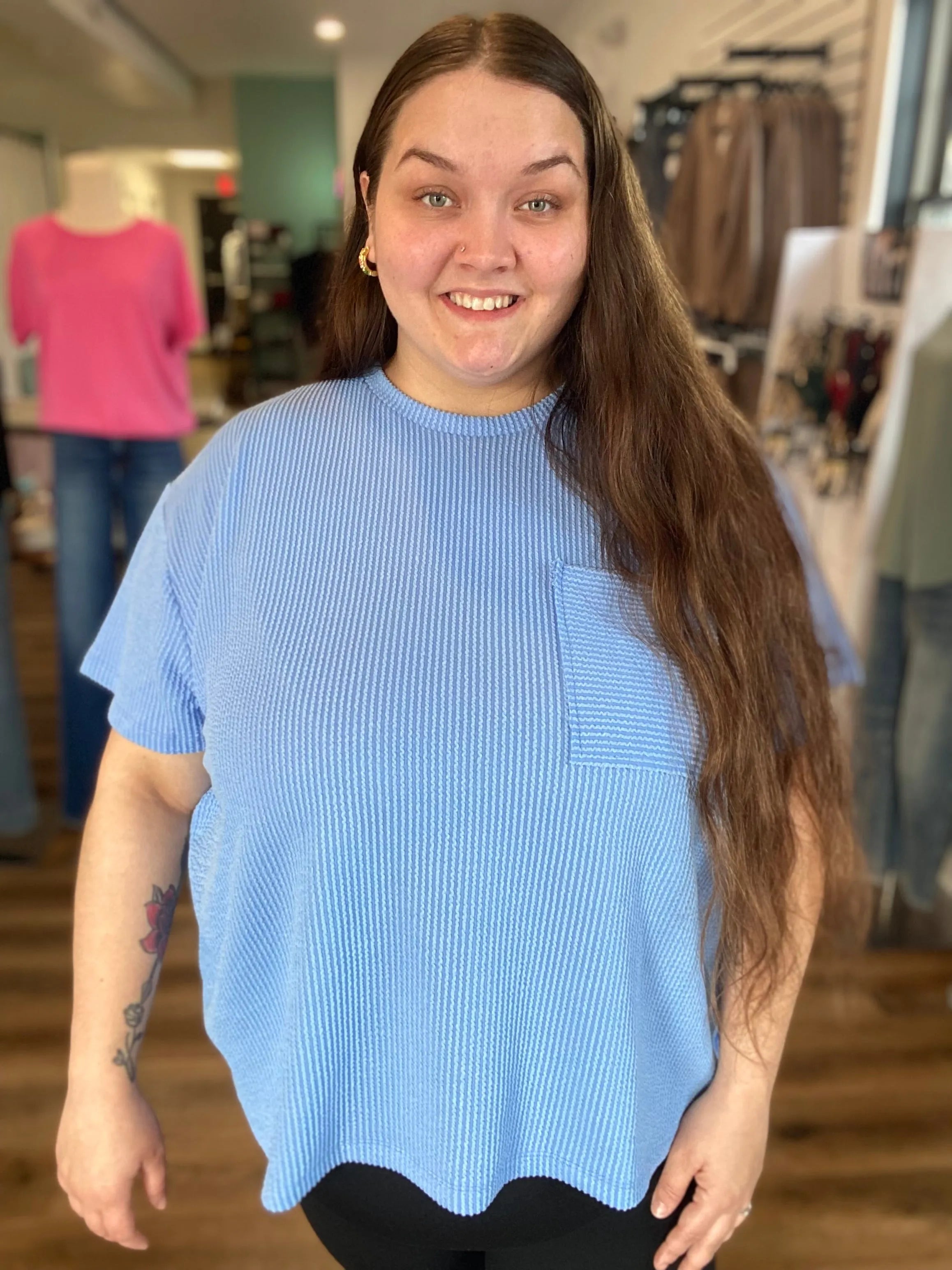 Shop Wavy Ribbed Short Sleeve Pocket Top - Cornflower Blue-1XL/2XL at Ruby Joy Boutique, a Women's Clothing Store in Pickerington, Ohio