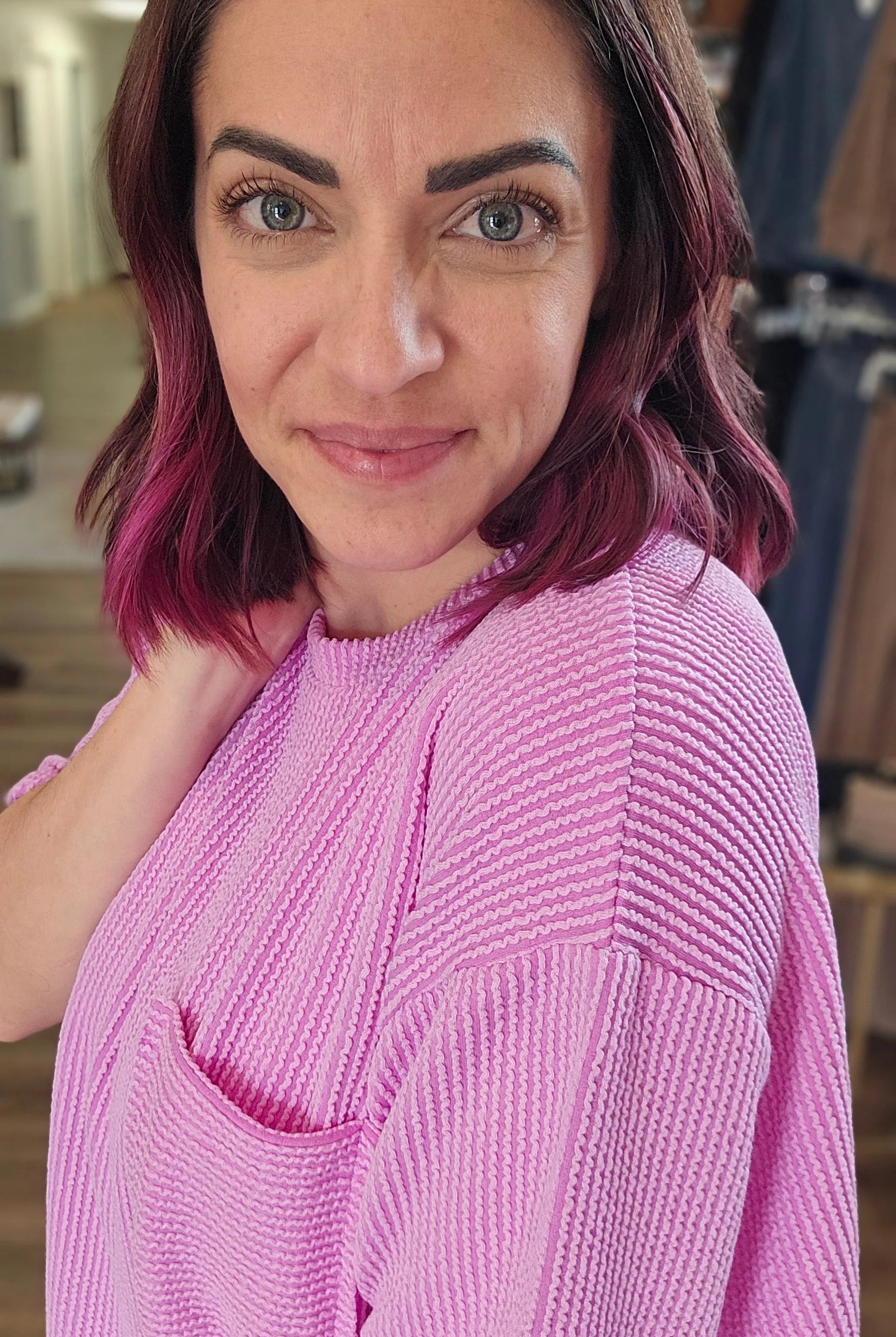 Shop Wavy Ribbed Short Sleeve Pocket Top - Violet- at Ruby Joy Boutique, a Women's Clothing Store in Pickerington, Ohio