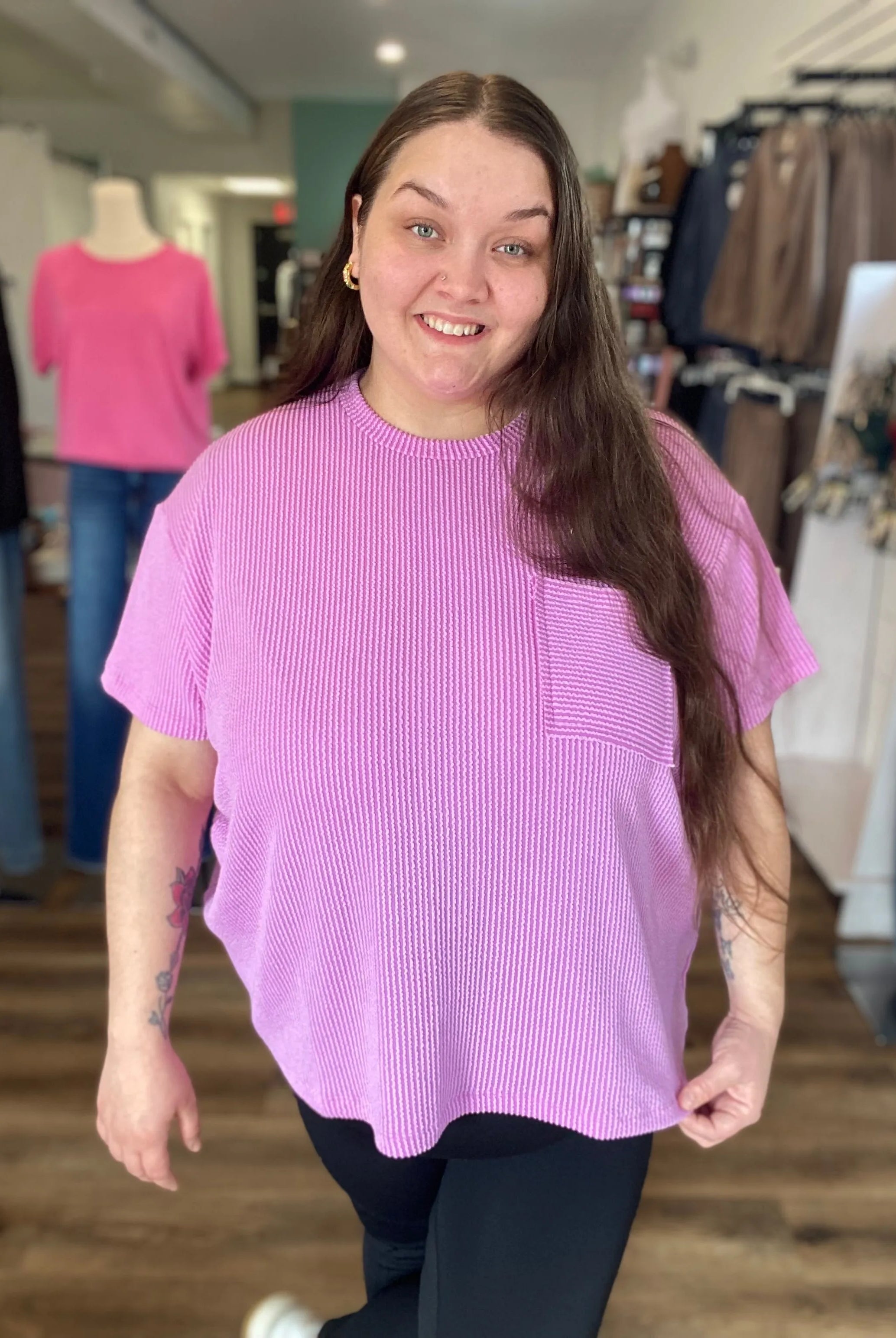 Shop Wavy Ribbed Short Sleeve Pocket Top - Violet-1XL/2XL at Ruby Joy Boutique, a Women's Clothing Store in Pickerington, Ohio