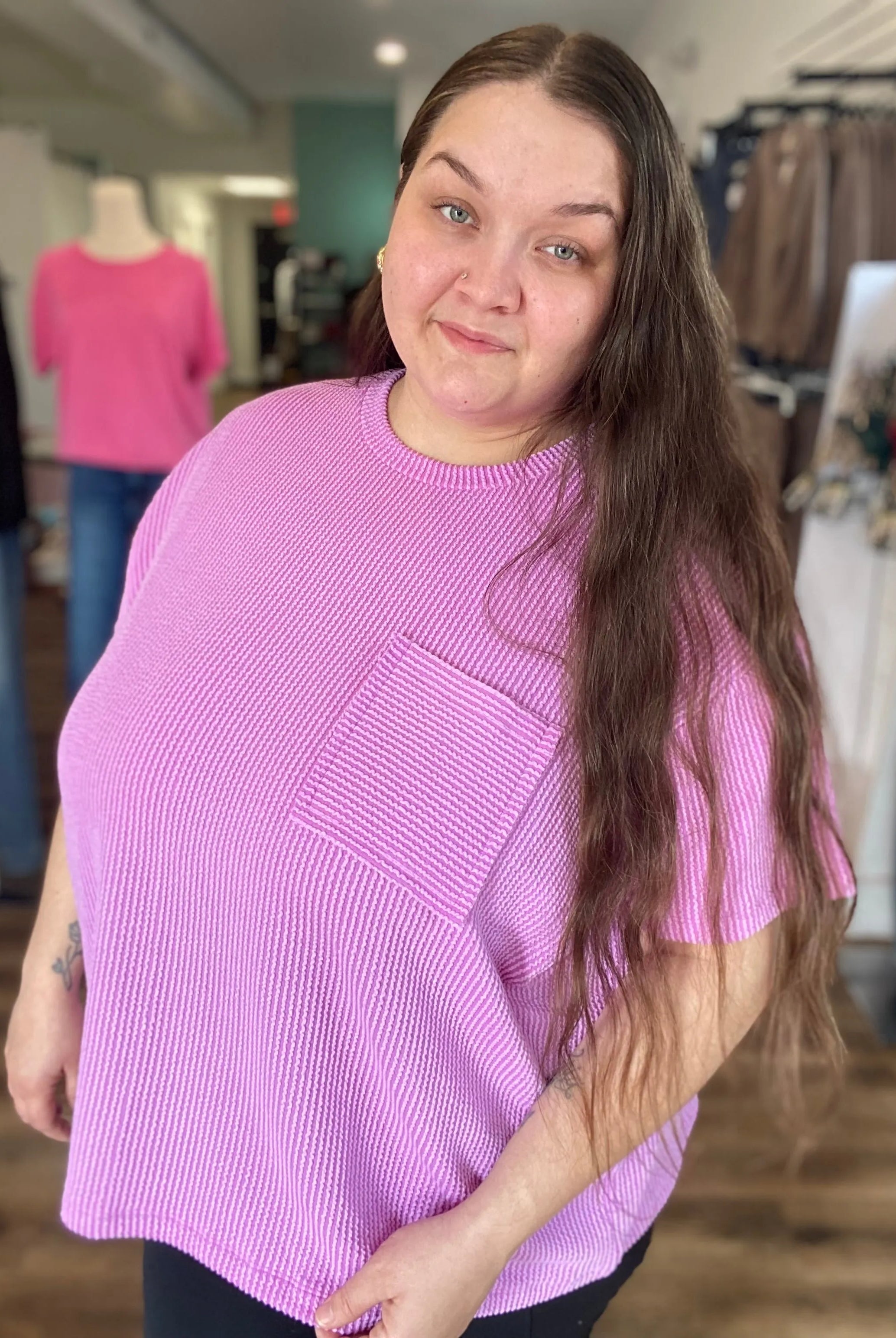 Shop Wavy Ribbed Short Sleeve Pocket Top - Violet- at Ruby Joy Boutique, a Women's Clothing Store in Pickerington, Ohio