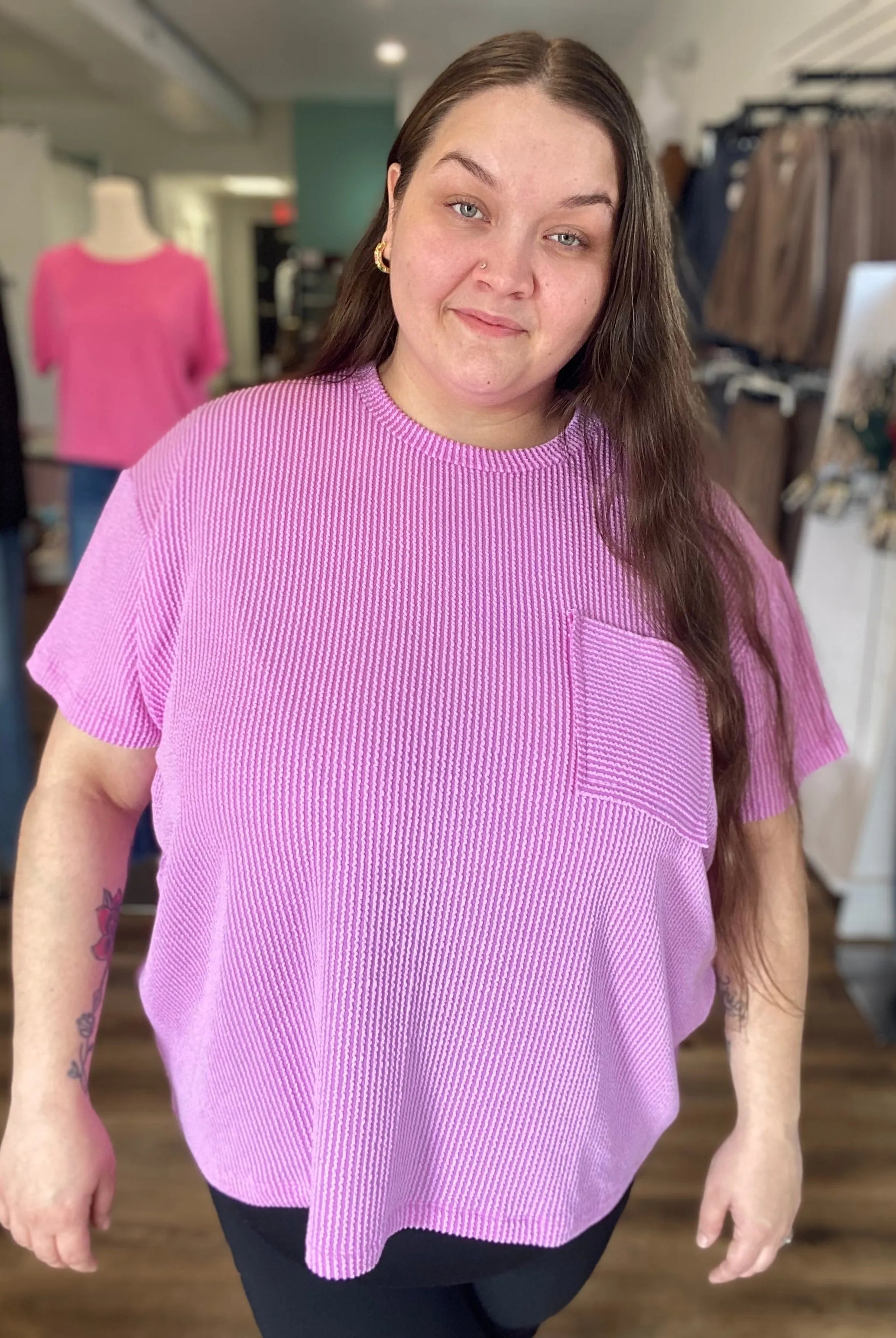 Shop Wavy Ribbed Short Sleeve Pocket Top - Violet- at Ruby Joy Boutique, a Women's Clothing Store in Pickerington, Ohio