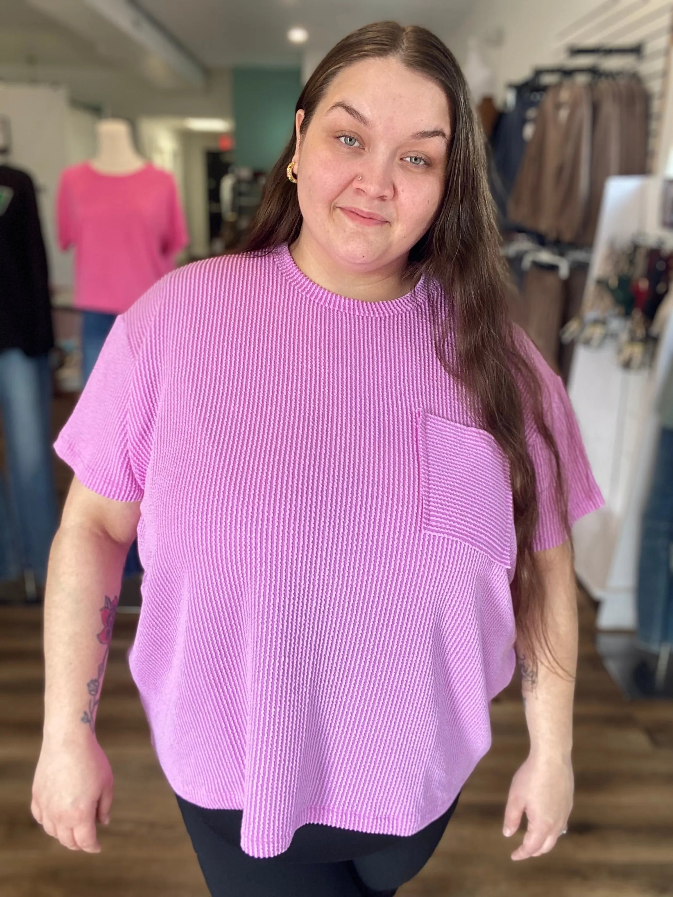 Shop Wavy Ribbed Short Sleeve Pocket Top - Violet- at Ruby Joy Boutique, a Women's Clothing Store in Pickerington, Ohio