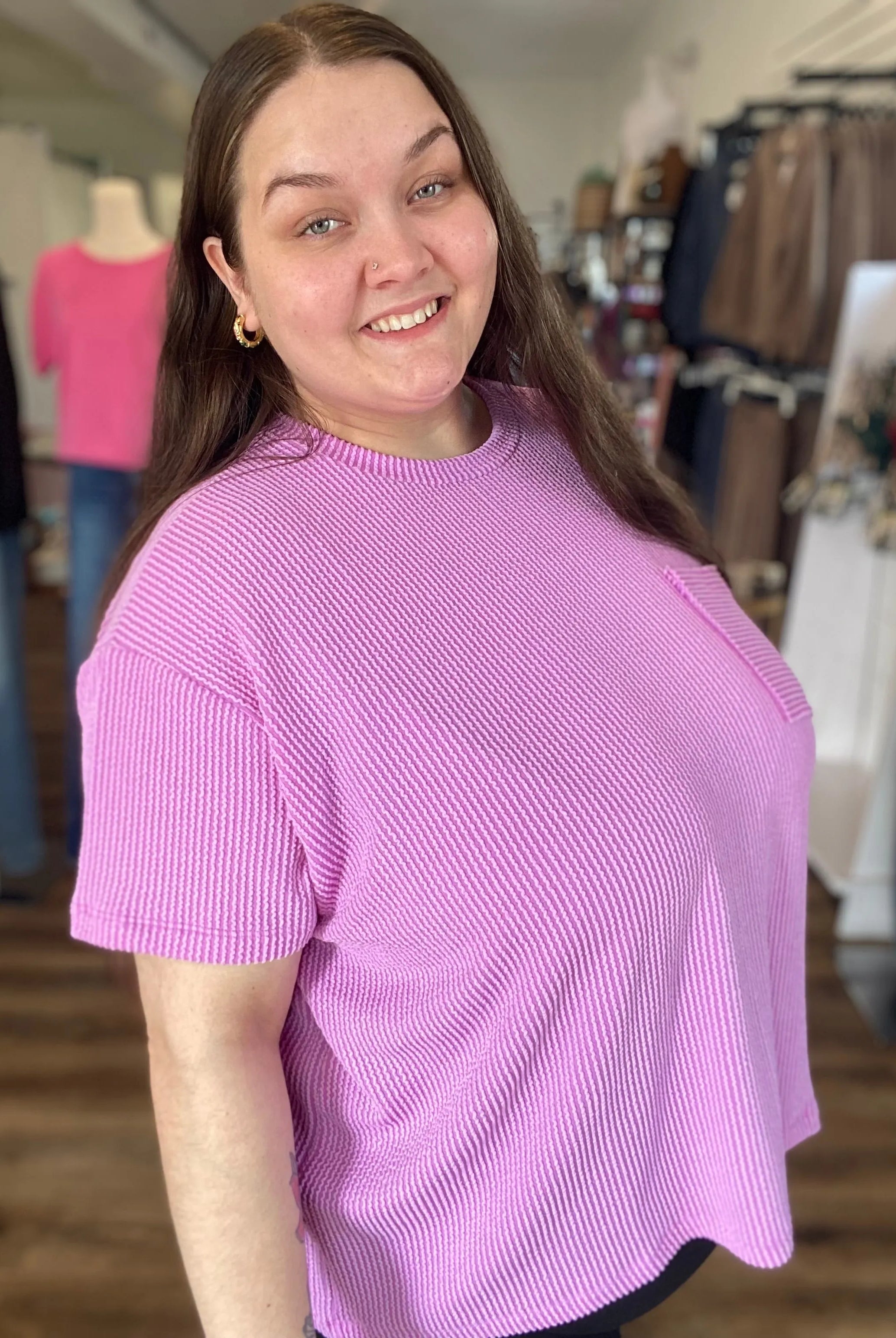 Shop Wavy Ribbed Short Sleeve Pocket Top - Violet- at Ruby Joy Boutique, a Women's Clothing Store in Pickerington, Ohio