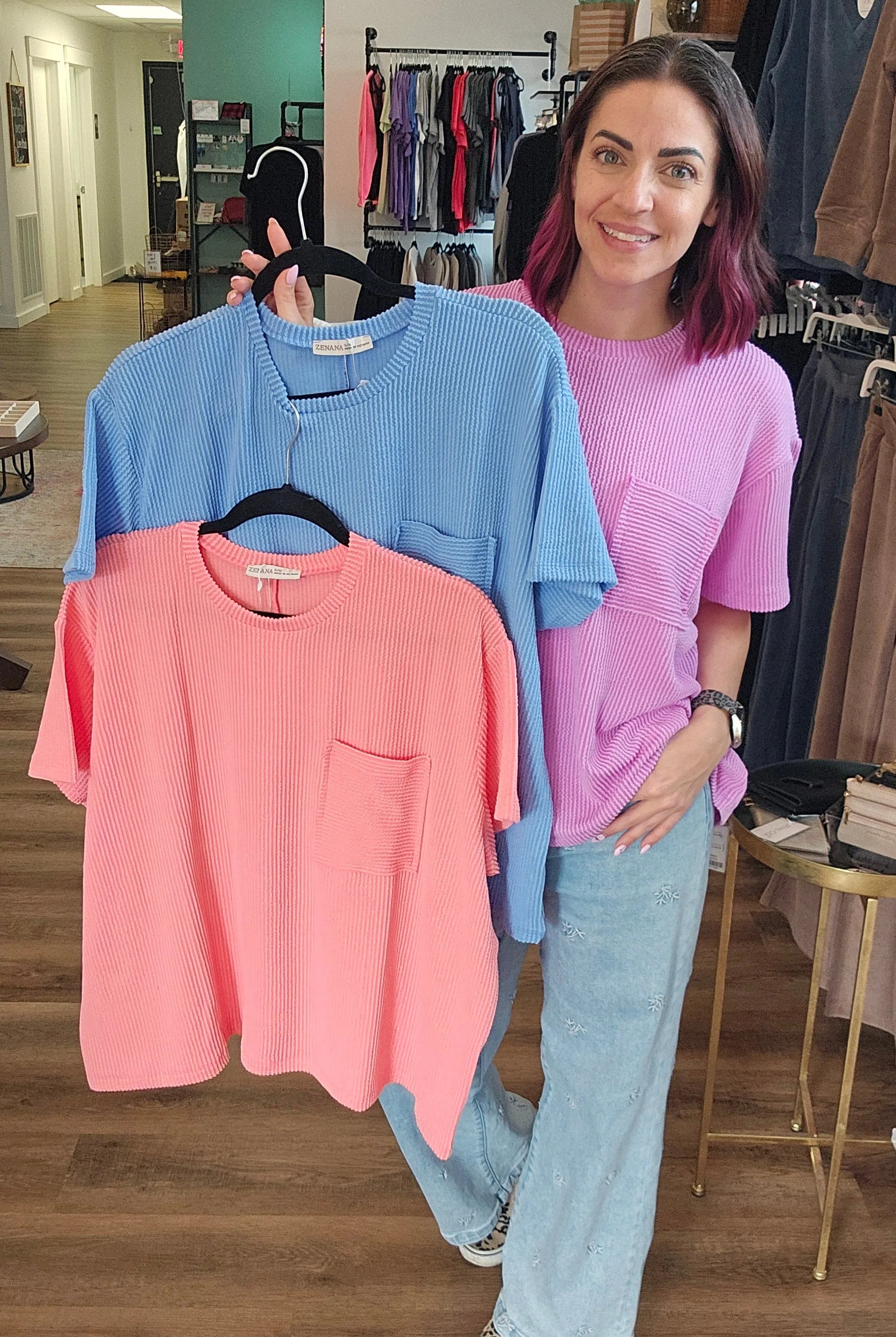 Shop Wavy Ribbed Short Sleeve Pocket Top - Cornflower Blue- at Ruby Joy Boutique, a Women's Clothing Store in Pickerington, Ohio