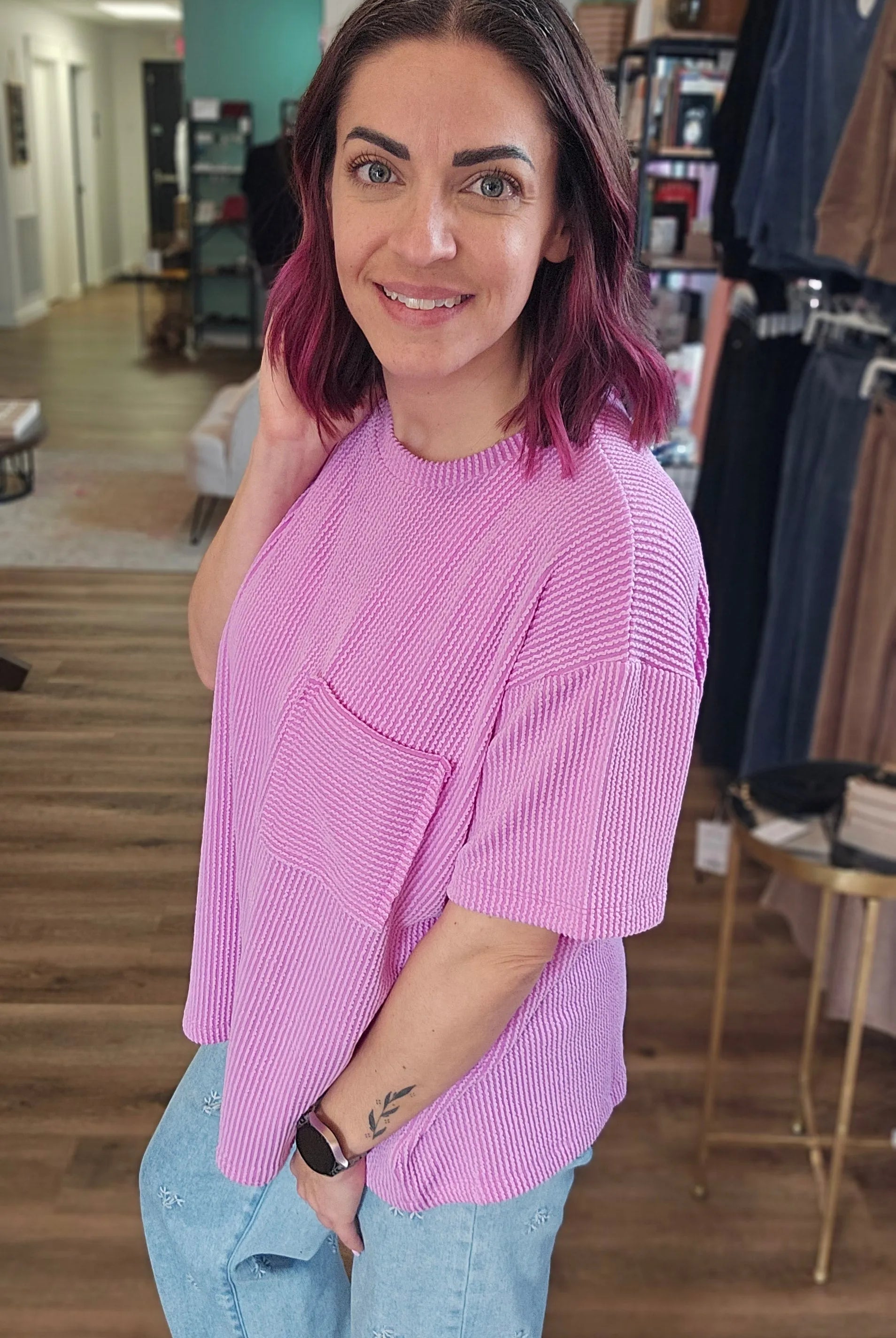 Shop Wavy Ribbed Short Sleeve Pocket Top - Violet- at Ruby Joy Boutique, a Women's Clothing Store in Pickerington, Ohio