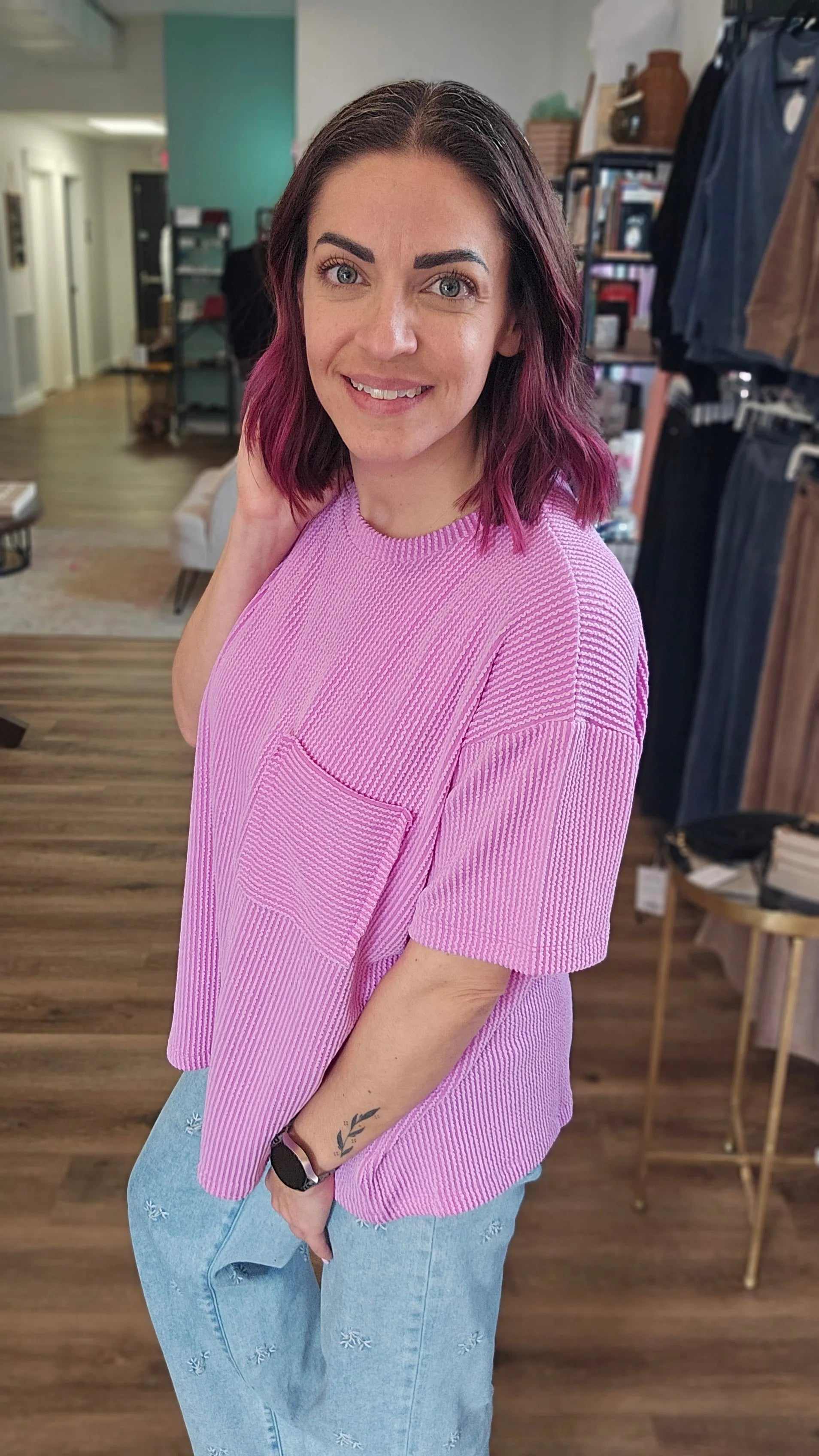 Shop Wavy Ribbed Short Sleeve Pocket Top - Violet- at Ruby Joy Boutique, a Women's Clothing Store in Pickerington, Ohio