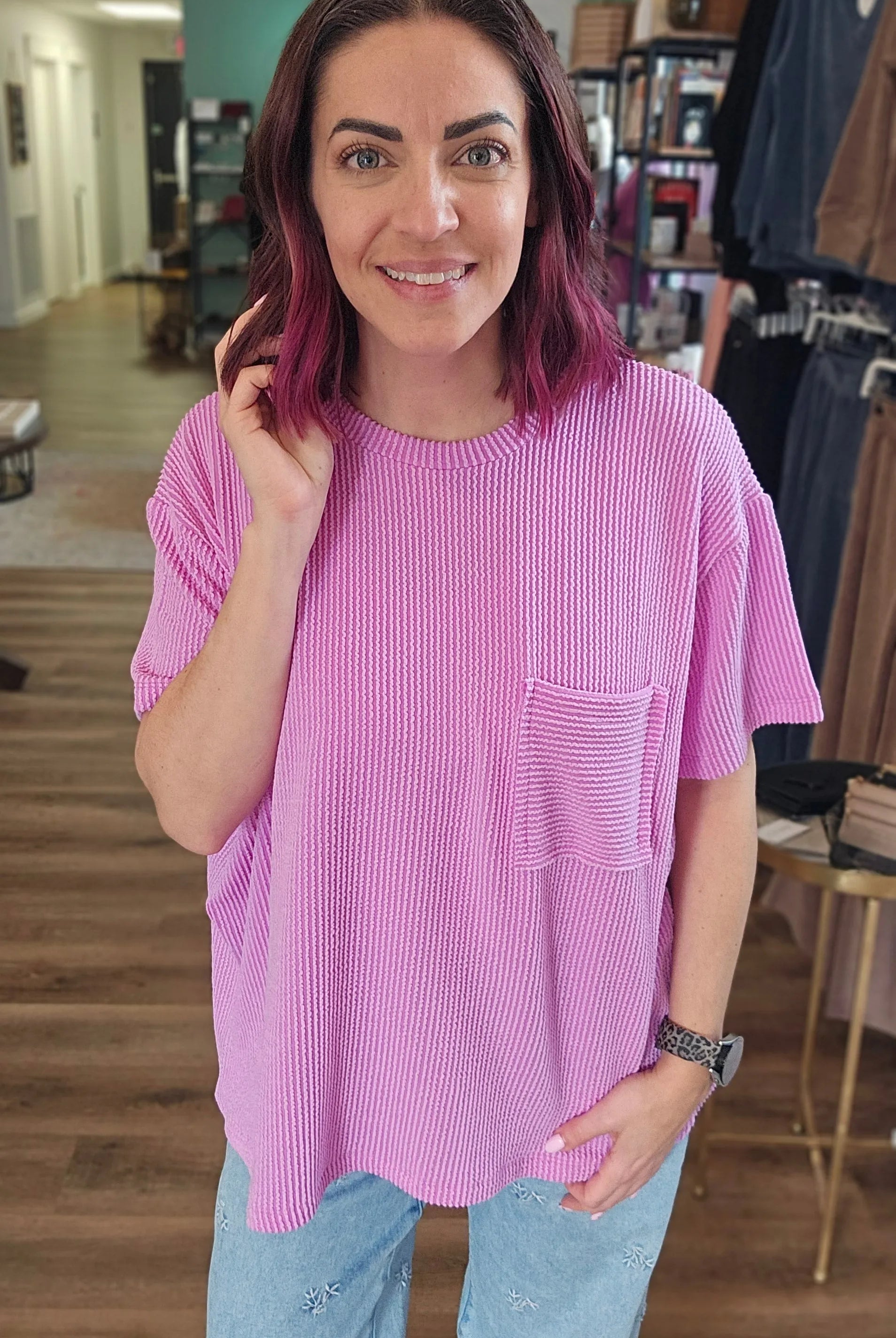 Shop Wavy Ribbed Short Sleeve Pocket Top - Violet- at Ruby Joy Boutique, a Women's Clothing Store in Pickerington, Ohio