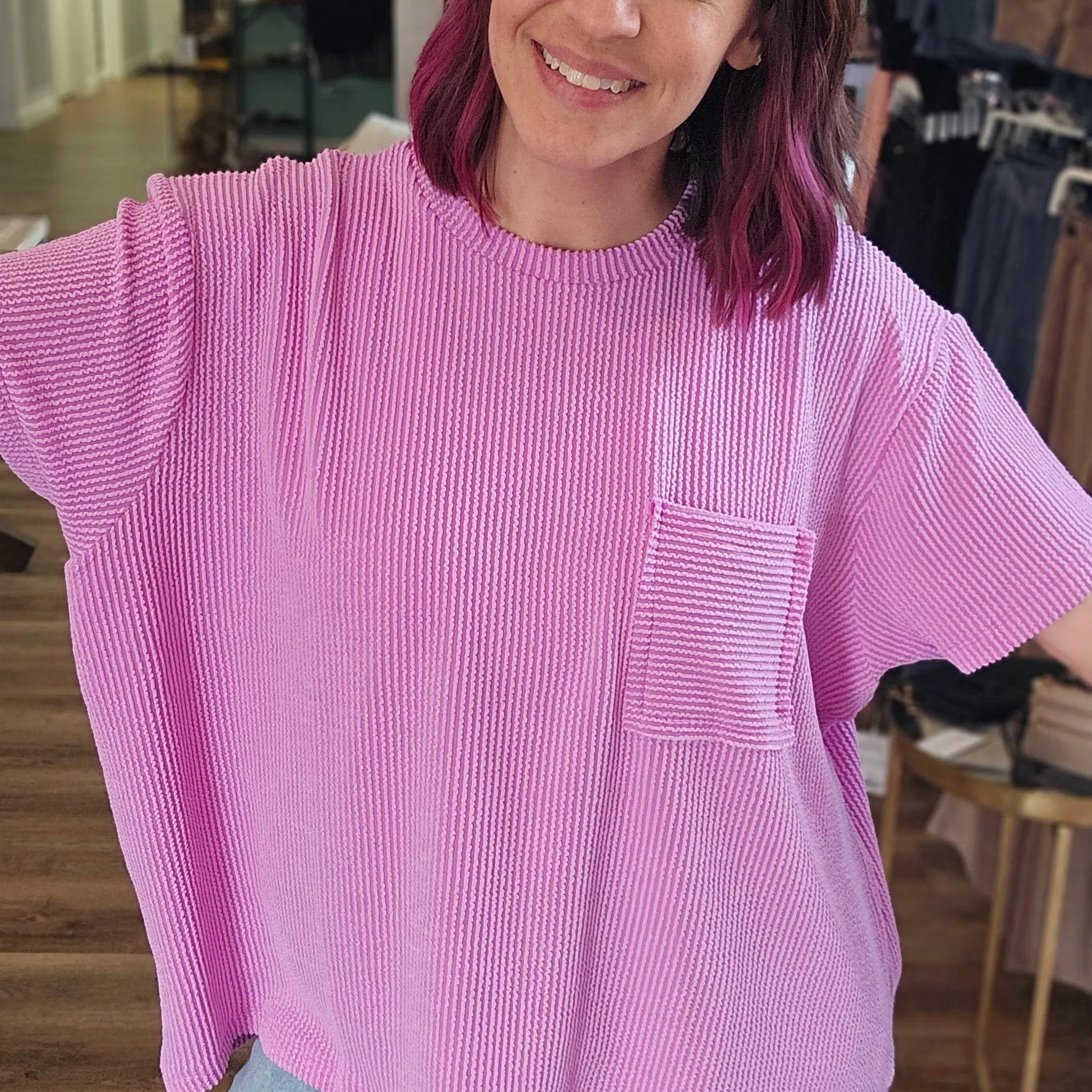 Shop Wavy Ribbed Short Sleeve Pocket Top - Violet-S/M at Ruby Joy Boutique, a Women's Clothing Store in Pickerington, Ohio