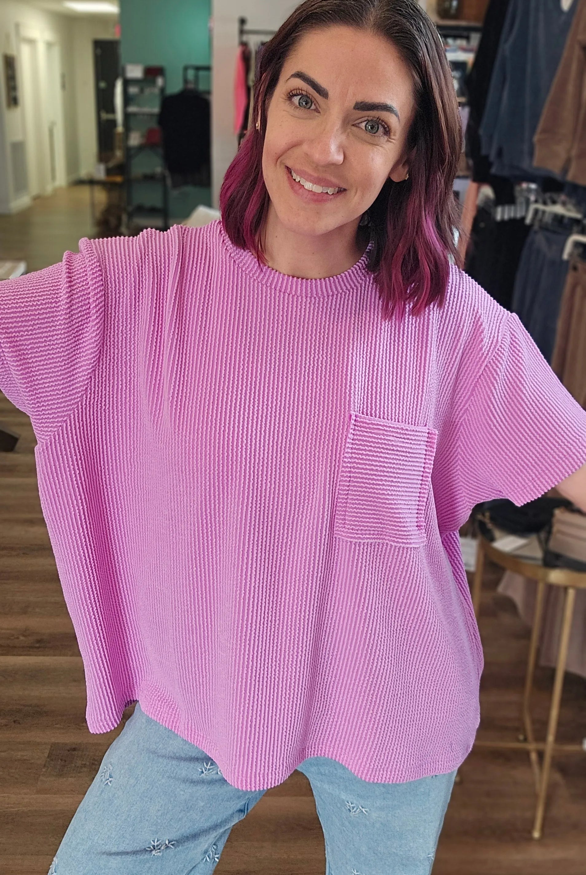 Shop Wavy Ribbed Short Sleeve Pocket Top - Violet-S/M at Ruby Joy Boutique, a Women's Clothing Store in Pickerington, Ohio