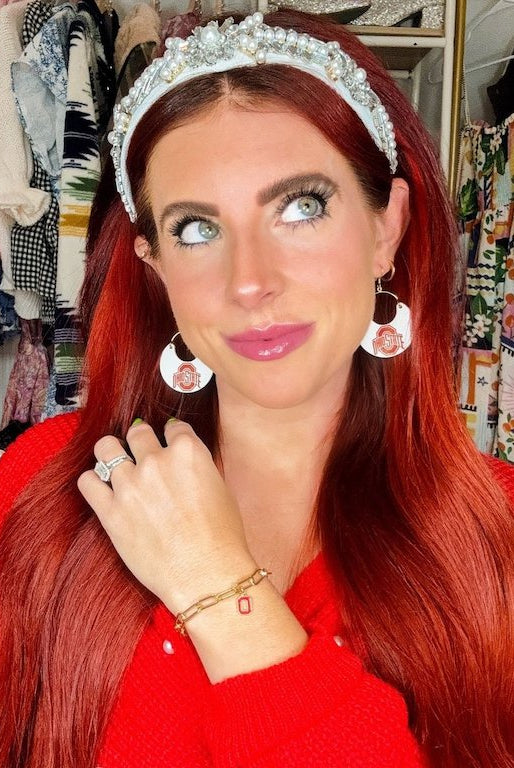 Shop White Ohio State University Nina Earrings | Nickel & Suede- at Ruby Joy Boutique, a Women's Clothing Store in Pickerington, Ohio