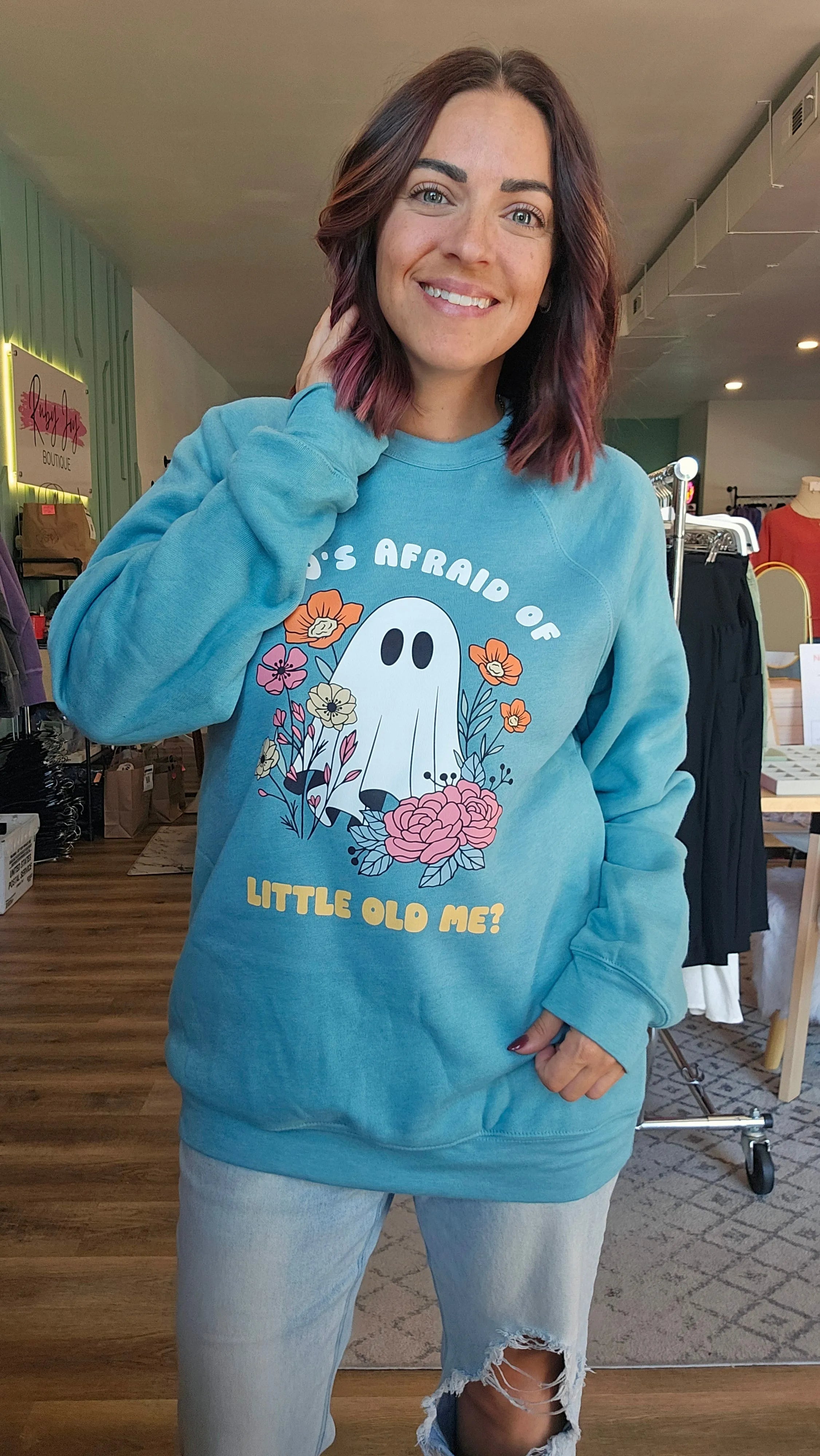 Shop Who's Afraid Of Little Old Me? Ghost Graphic-Small at Ruby Joy Boutique, a Women's Clothing Store in Pickerington, Ohio