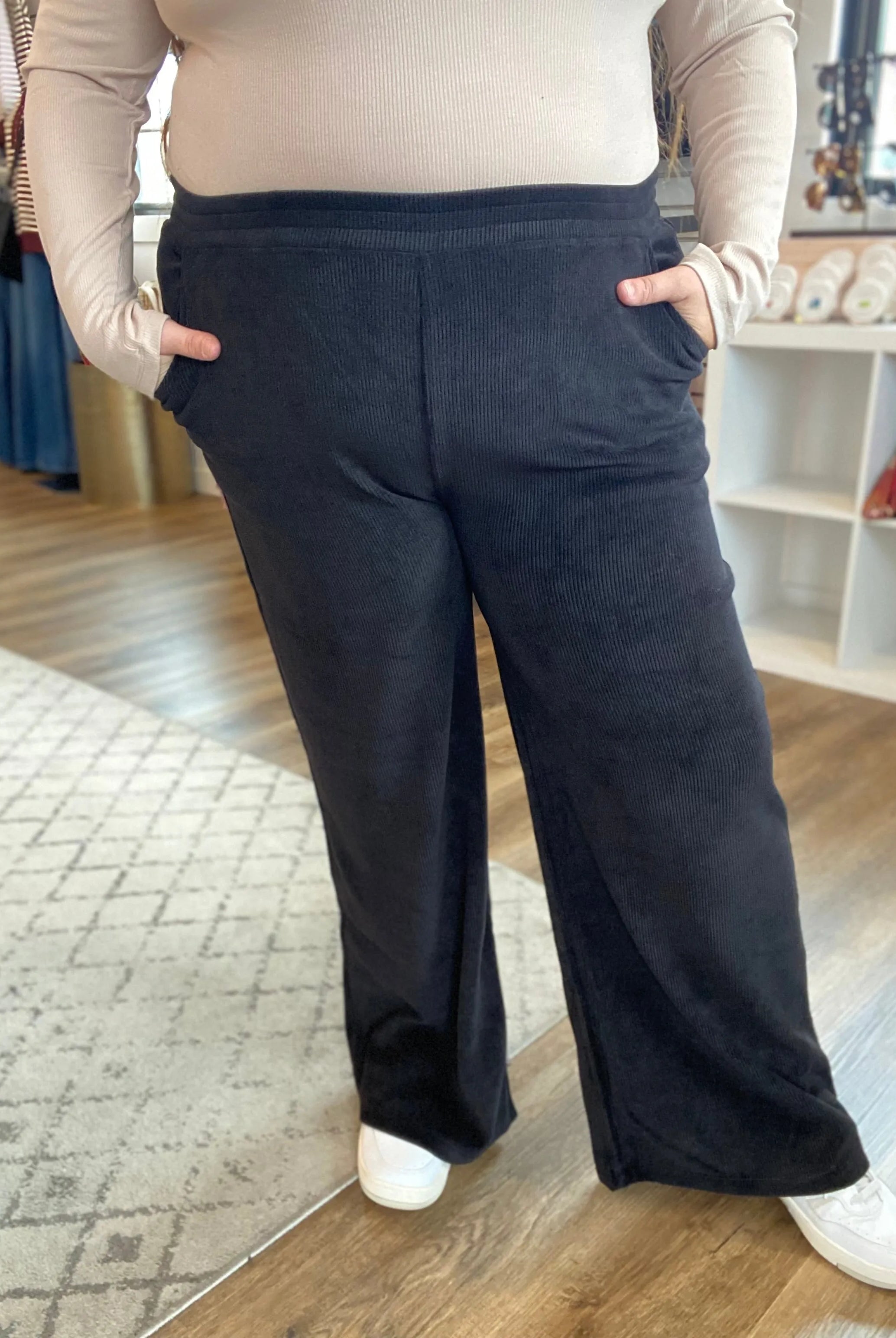 Shop Wide Leg Corded Pants - Black- at Ruby Joy Boutique, a Women's Clothing Store in Pickerington, Ohio