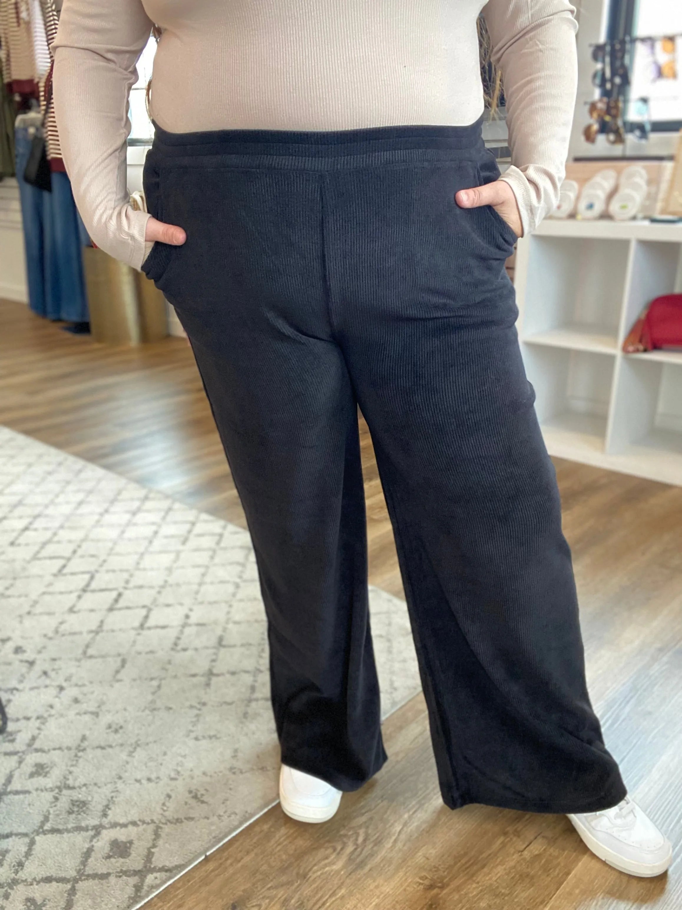 Shop Wide Leg Corded Pants - Black- at Ruby Joy Boutique, a Women's Clothing Store in Pickerington, Ohio