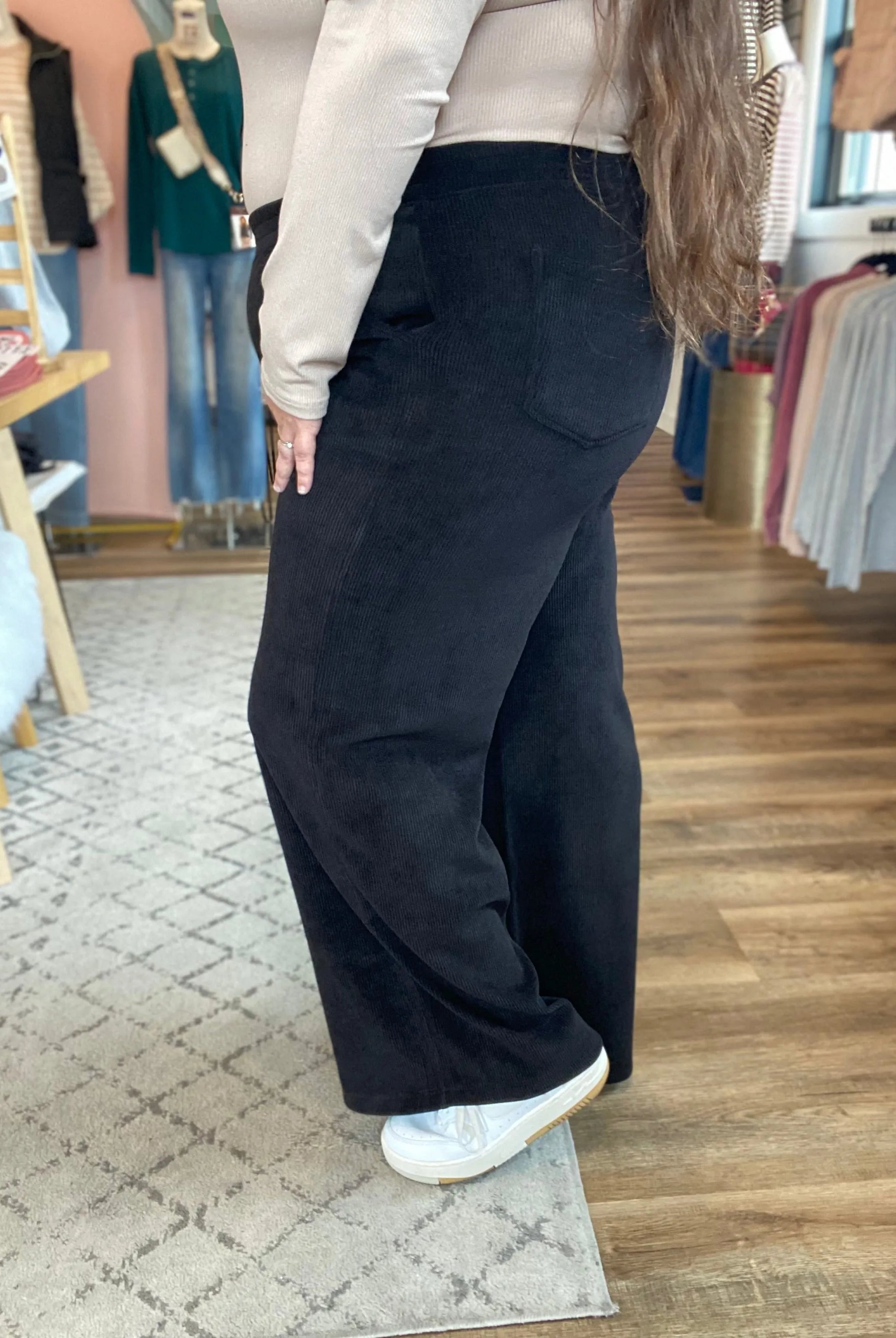 Shop Wide Leg Corded Pants - Black- at Ruby Joy Boutique, a Women's Clothing Store in Pickerington, Ohio