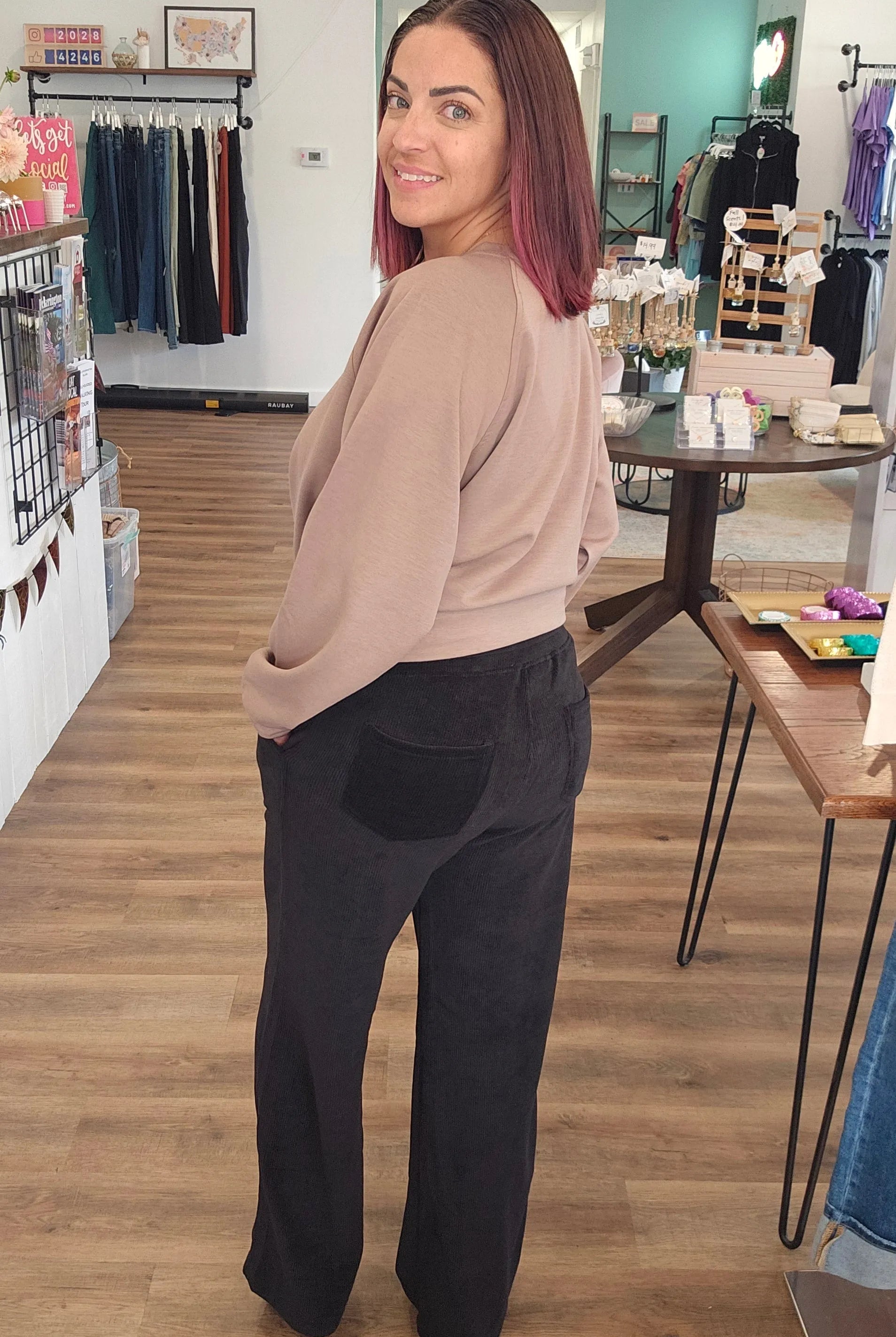 Shop Wide Leg Corded Pants - Black- at Ruby Joy Boutique, a Women's Clothing Store in Pickerington, Ohio