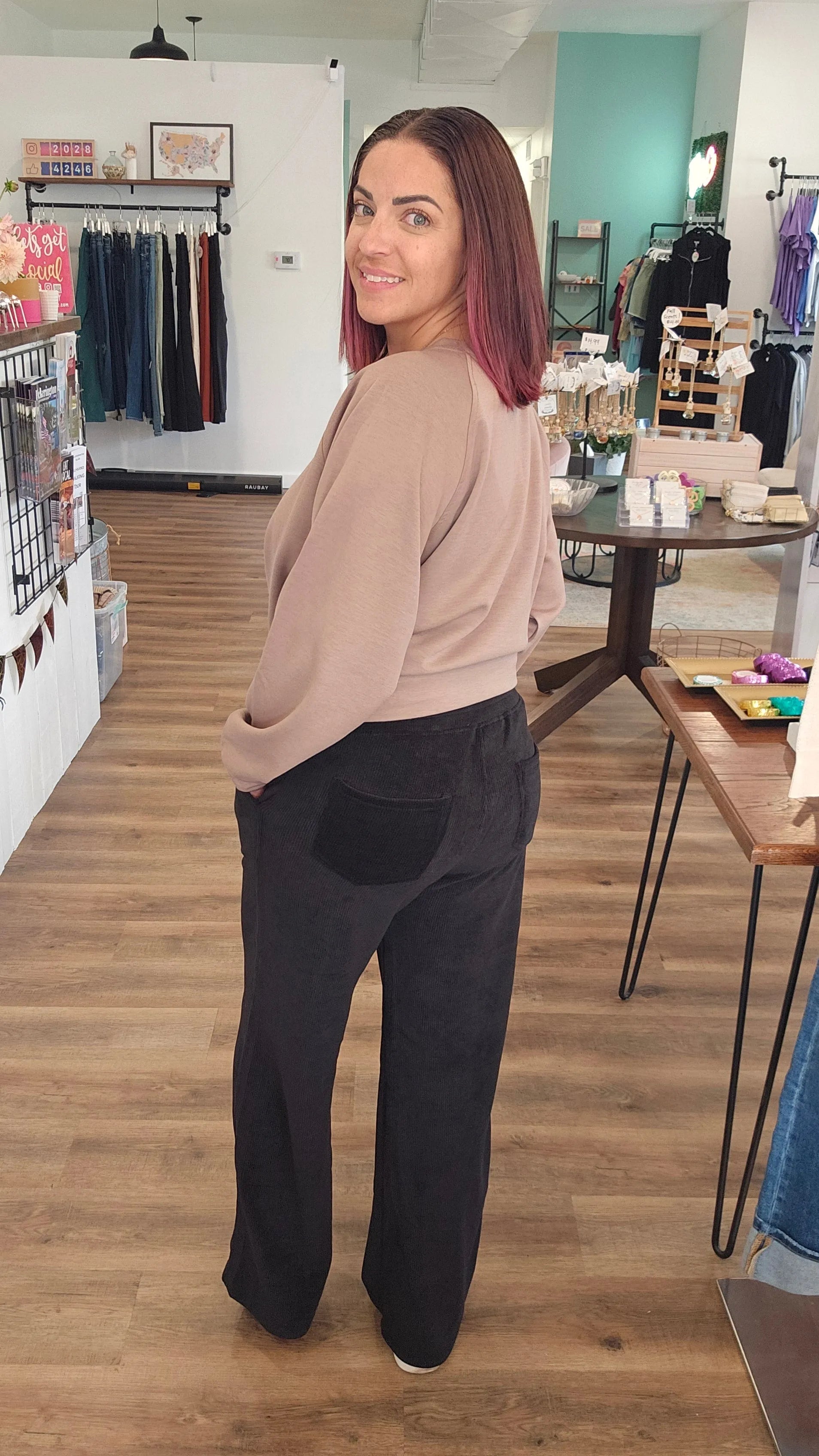 Shop Wide Leg Corded Pants - Black- at Ruby Joy Boutique, a Women's Clothing Store in Pickerington, Ohio