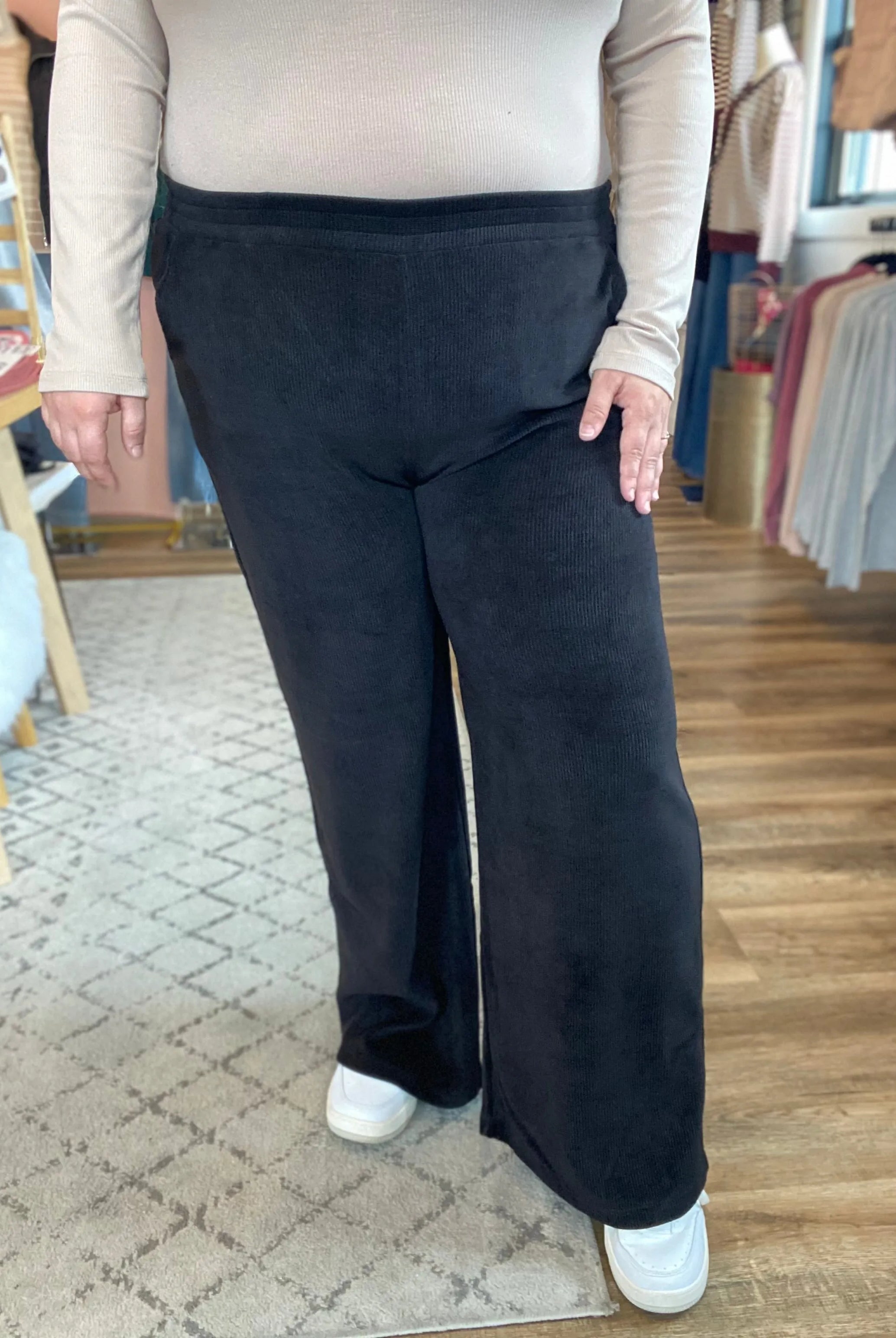 Shop Wide Leg Corded Pants - Black- at Ruby Joy Boutique, a Women's Clothing Store in Pickerington, Ohio