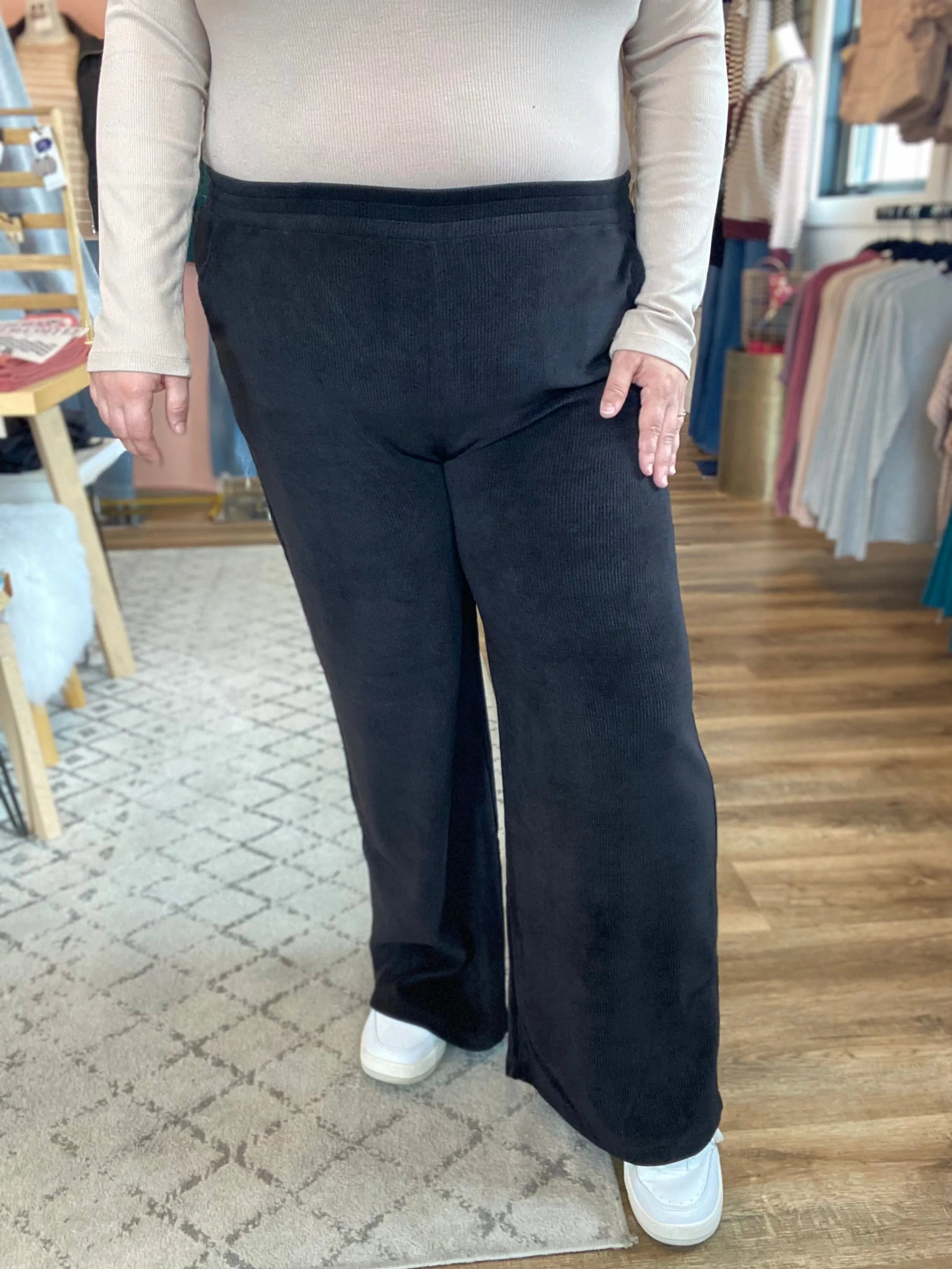 Shop Wide Leg Corded Pants - Black- at Ruby Joy Boutique, a Women's Clothing Store in Pickerington, Ohio