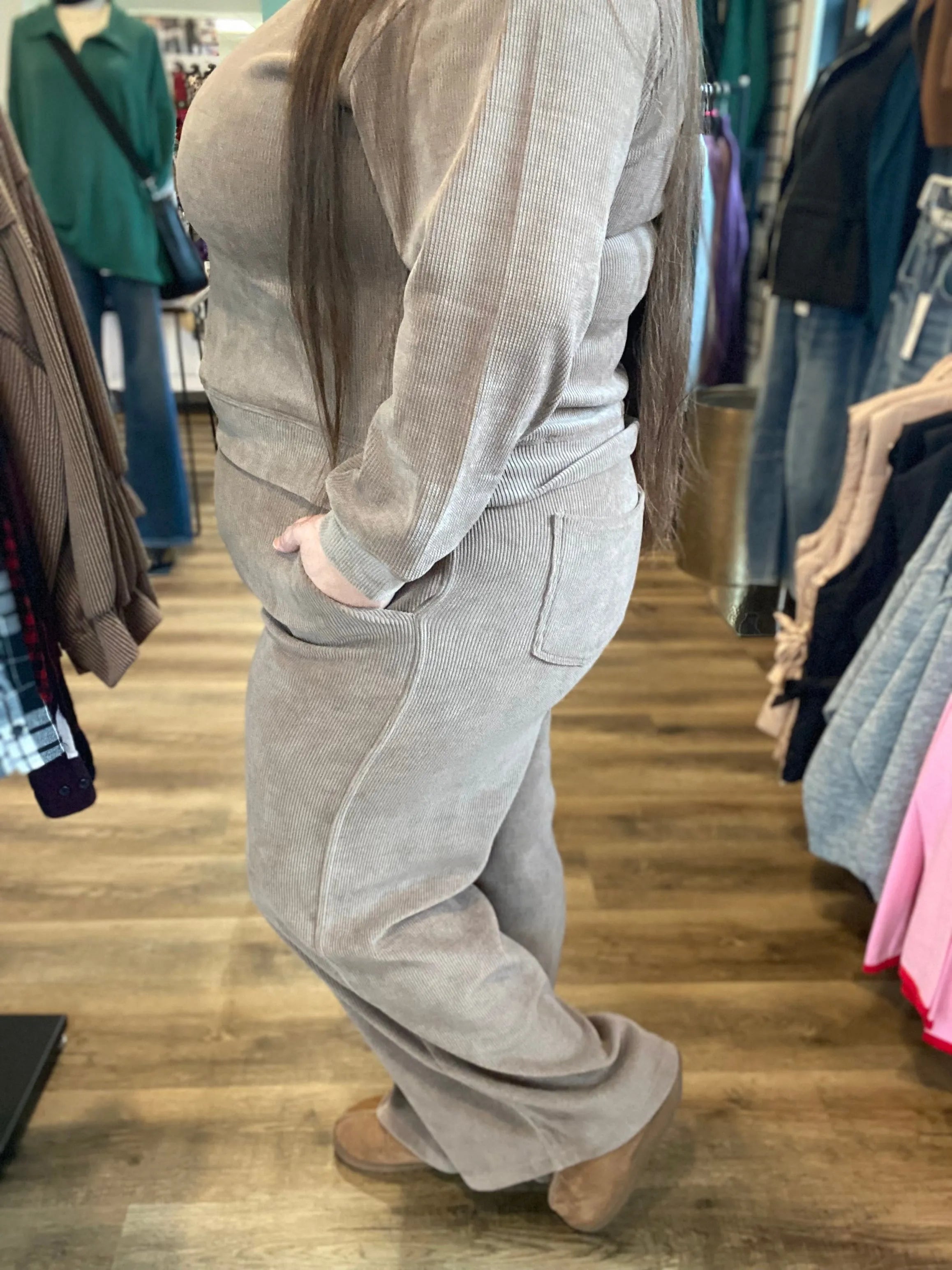 Shop Wide Leg Corded Pants - Khaki- at Ruby Joy Boutique, a Women's Clothing Store in Pickerington, Ohio