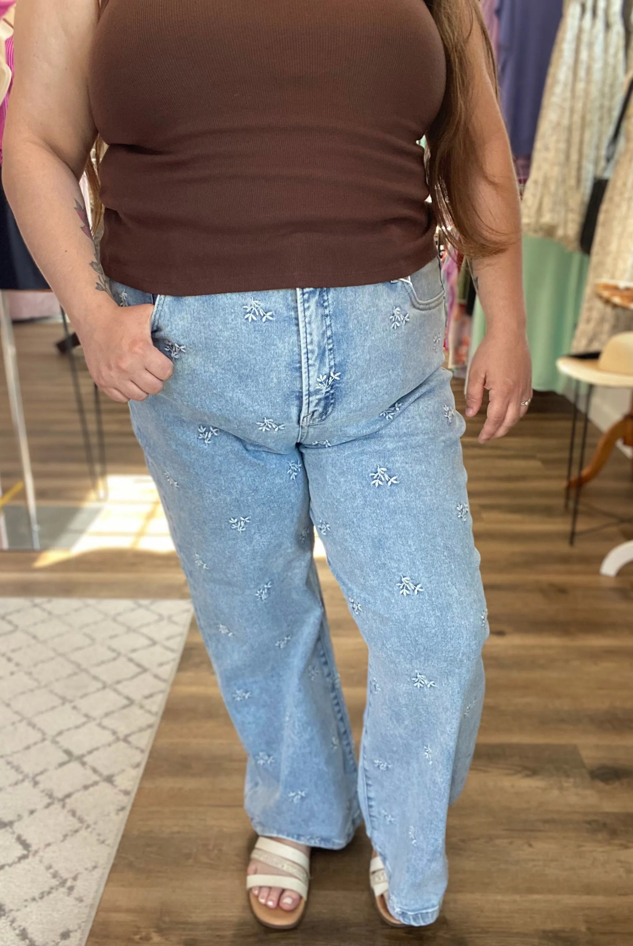 Shop Wide Leg Floral Embroidered Jeans | Risen- at Ruby Joy Boutique, a Women's Clothing Store in Pickerington, Ohio