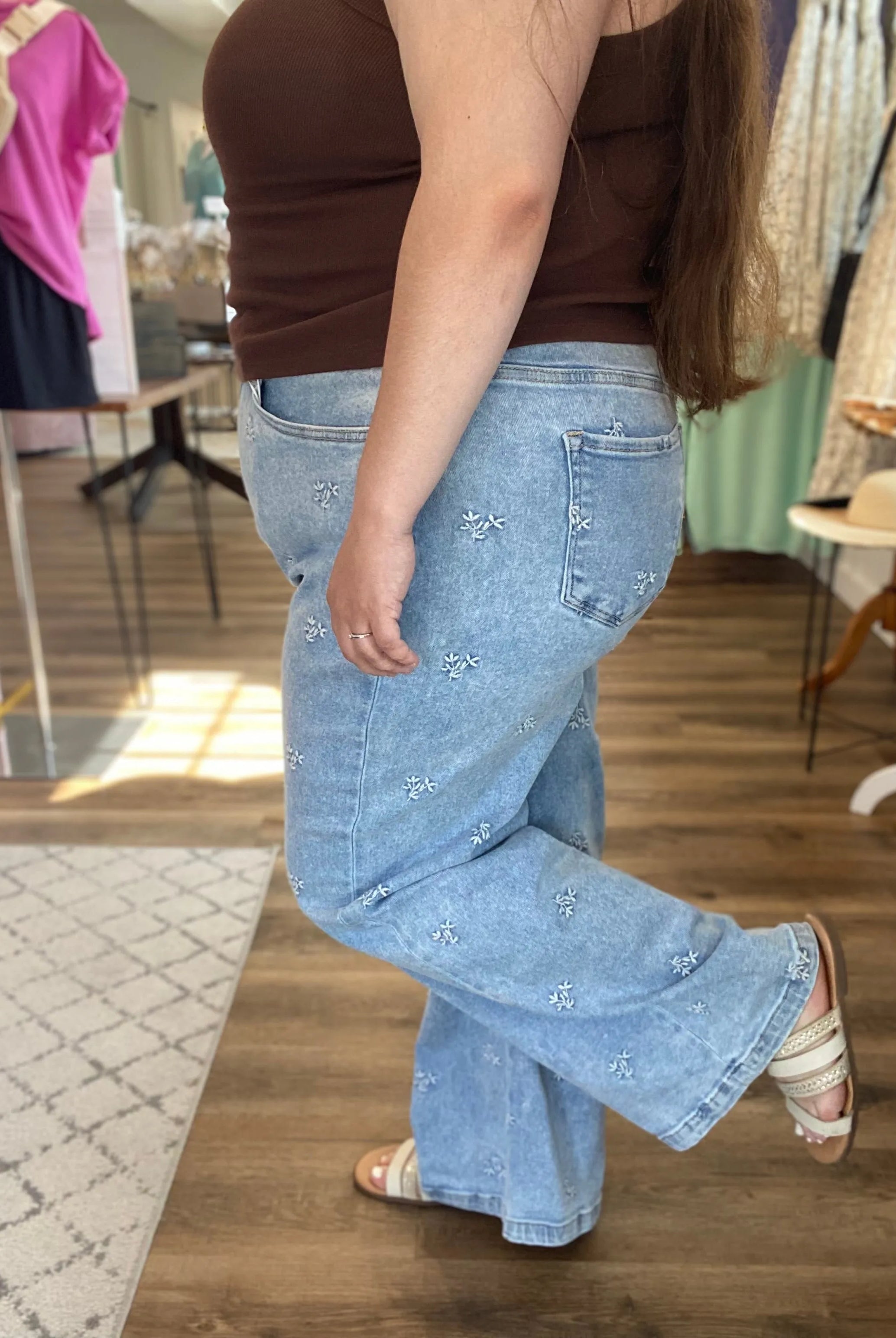 Shop Wide Leg Floral Embroidered Jeans | Risen- at Ruby Joy Boutique, a Women's Clothing Store in Pickerington, Ohio