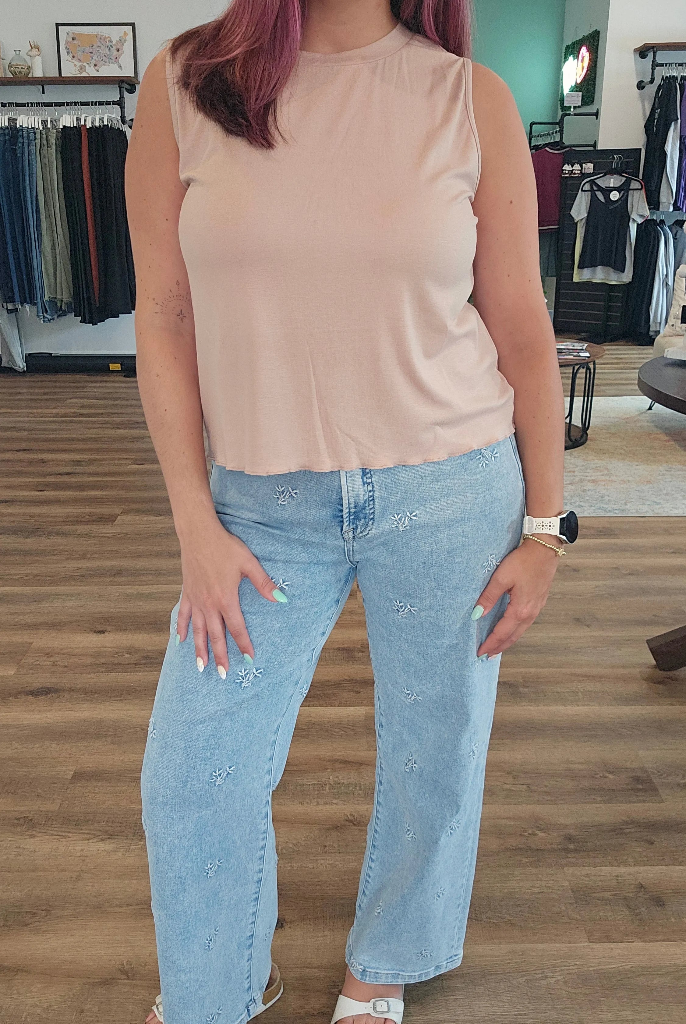 Shop Wide Leg Floral Embroidered Jeans | Risen- at Ruby Joy Boutique, a Women's Clothing Store in Pickerington, Ohio